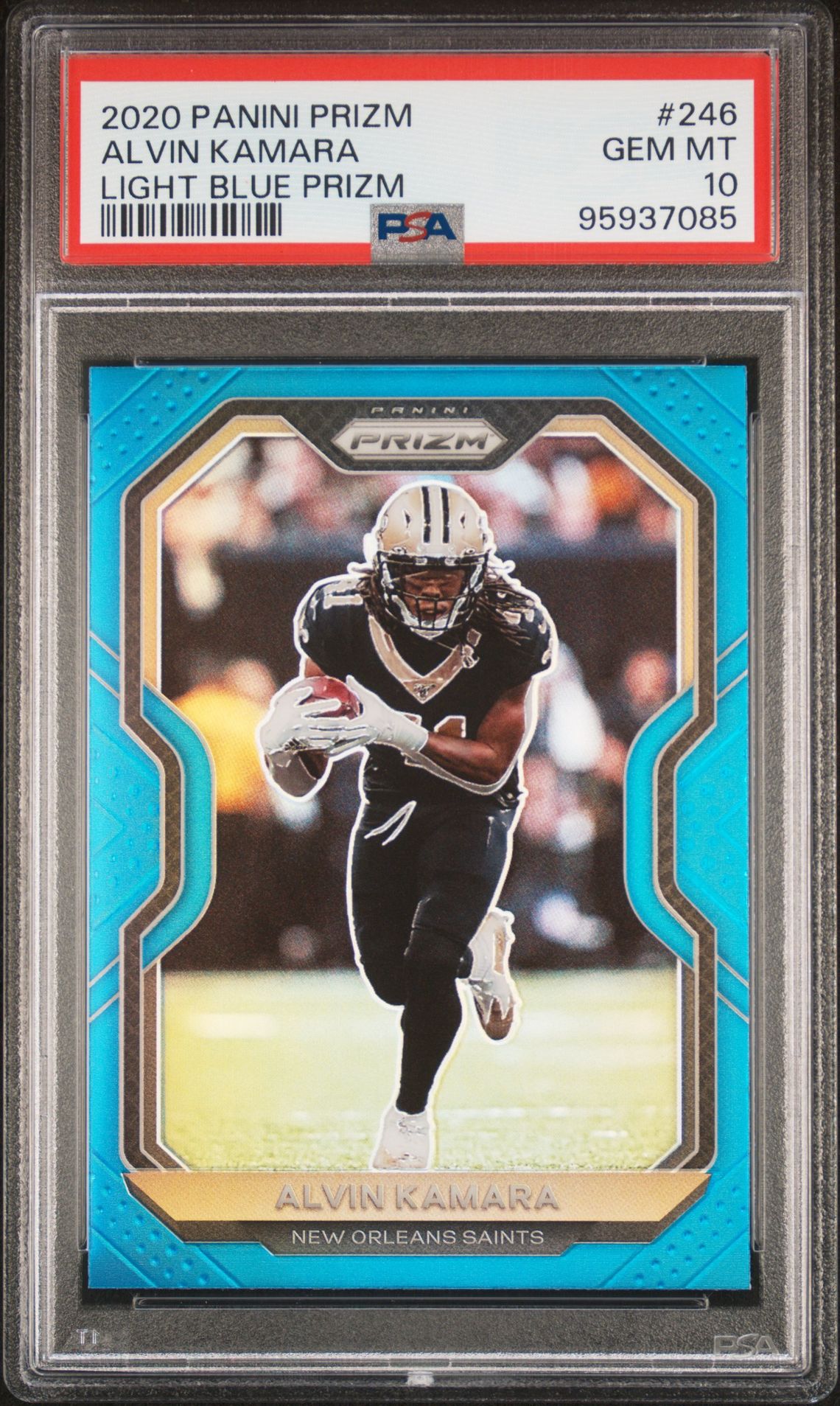 2020 Panini Prizm Alvin Kamara #246 (Light Blue Prizm) Gem Mt 10 front view - PSA graded GEM MT 10