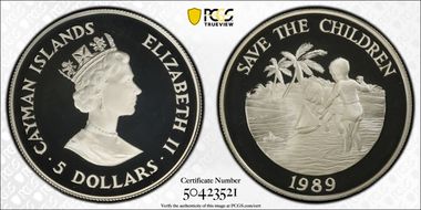 1989 $5 Save the Children Fund KM-102  Ag PR69DCAM