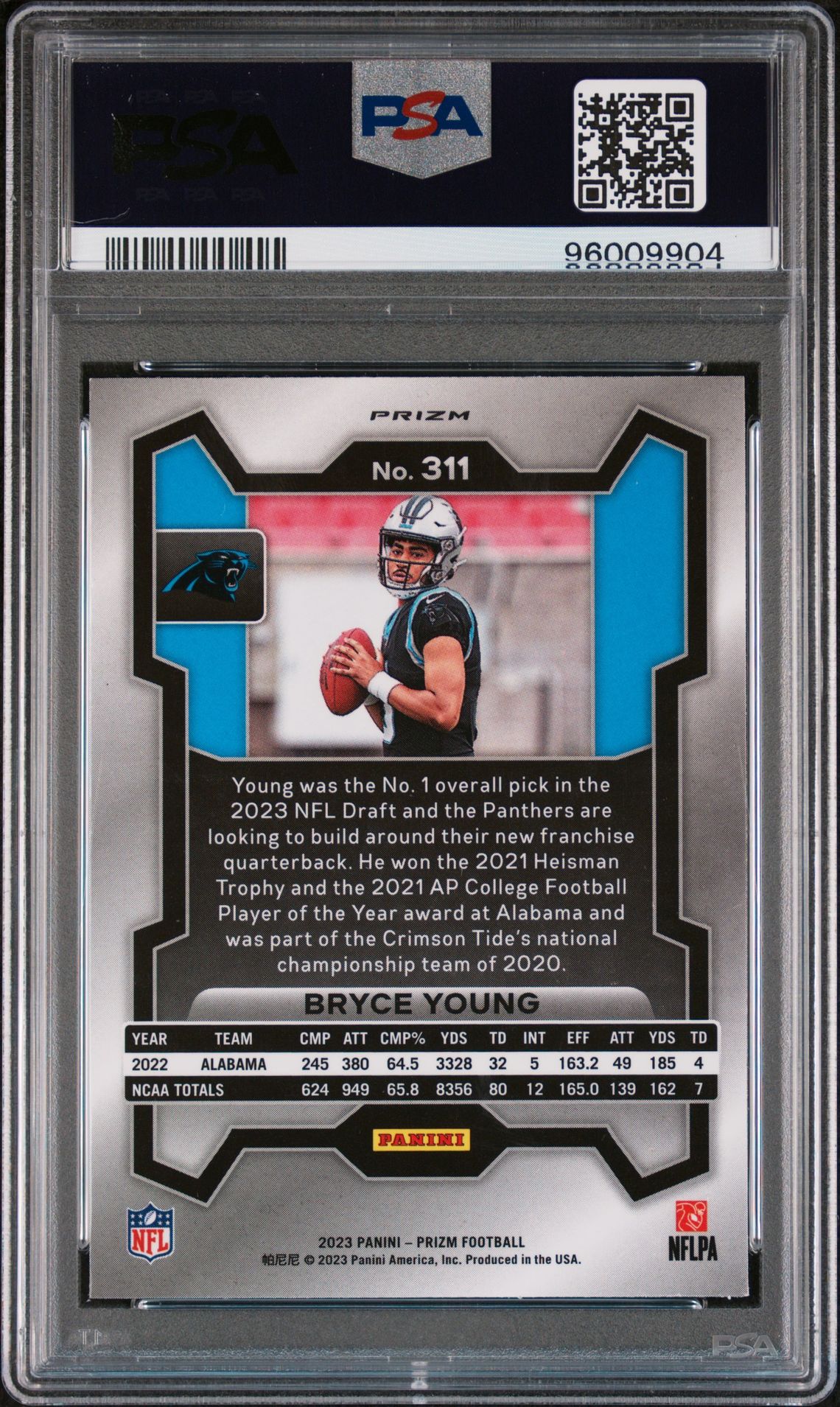 2023 Panini Prizm Bryce Young #311 (Silver Prizm) Gem Mt 10 back
