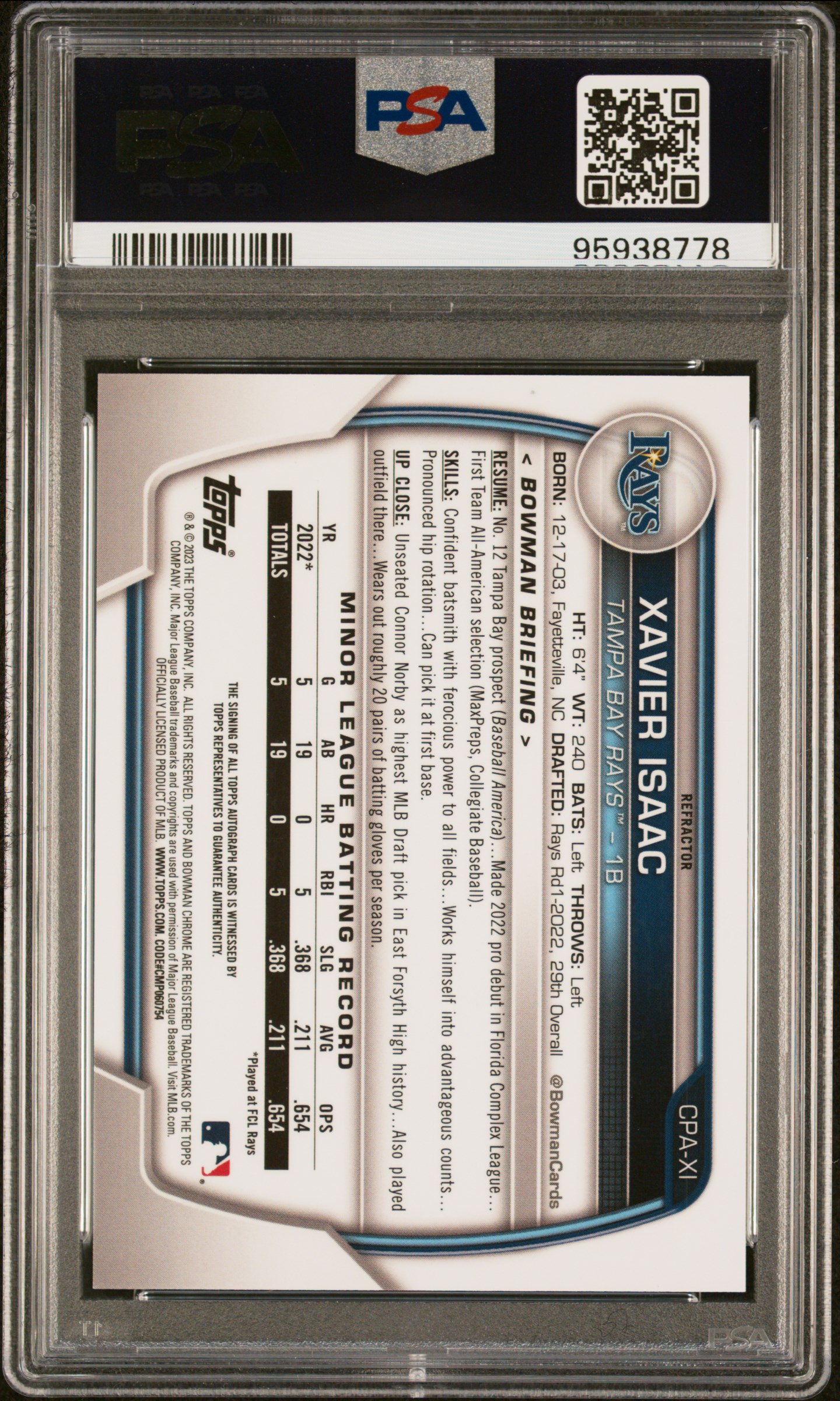 2023 Bowman Chrome Prospect Autographs Xavier Isaac #Cpaxi (Chr Pros Auto-Refractor) Gem Mt 10 back