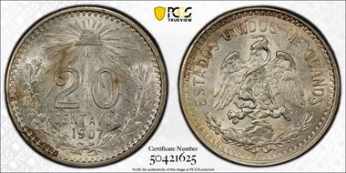 1907-M 20C Curved 7 KM-435  Ag MS63