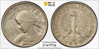 1925 2 Zl Philadelphia w/o privy marks AU55
