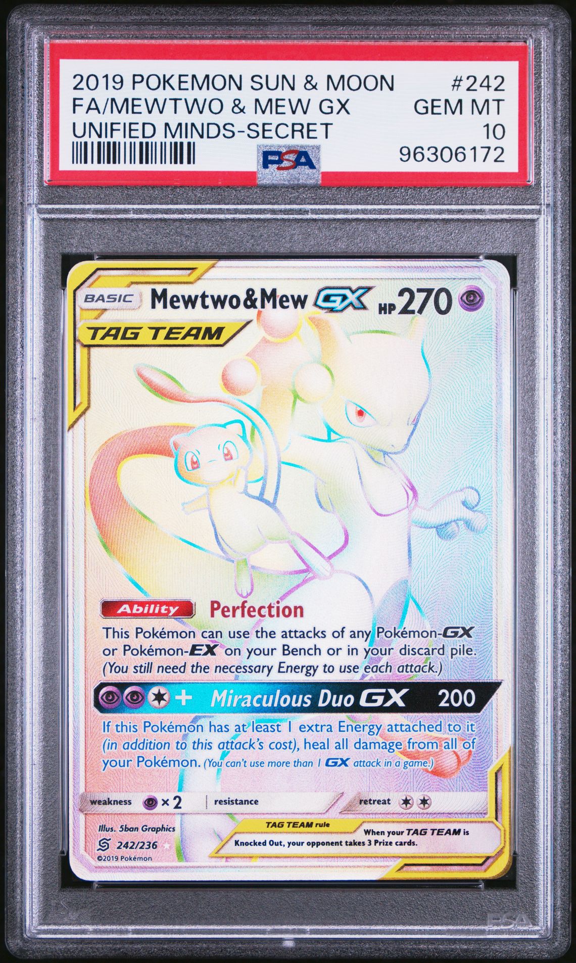 2019 Pokemon POKEMON SUN & MOON UNIFIED MINDS SECRET #242 Fa/Mewtwo & Mew Gx front