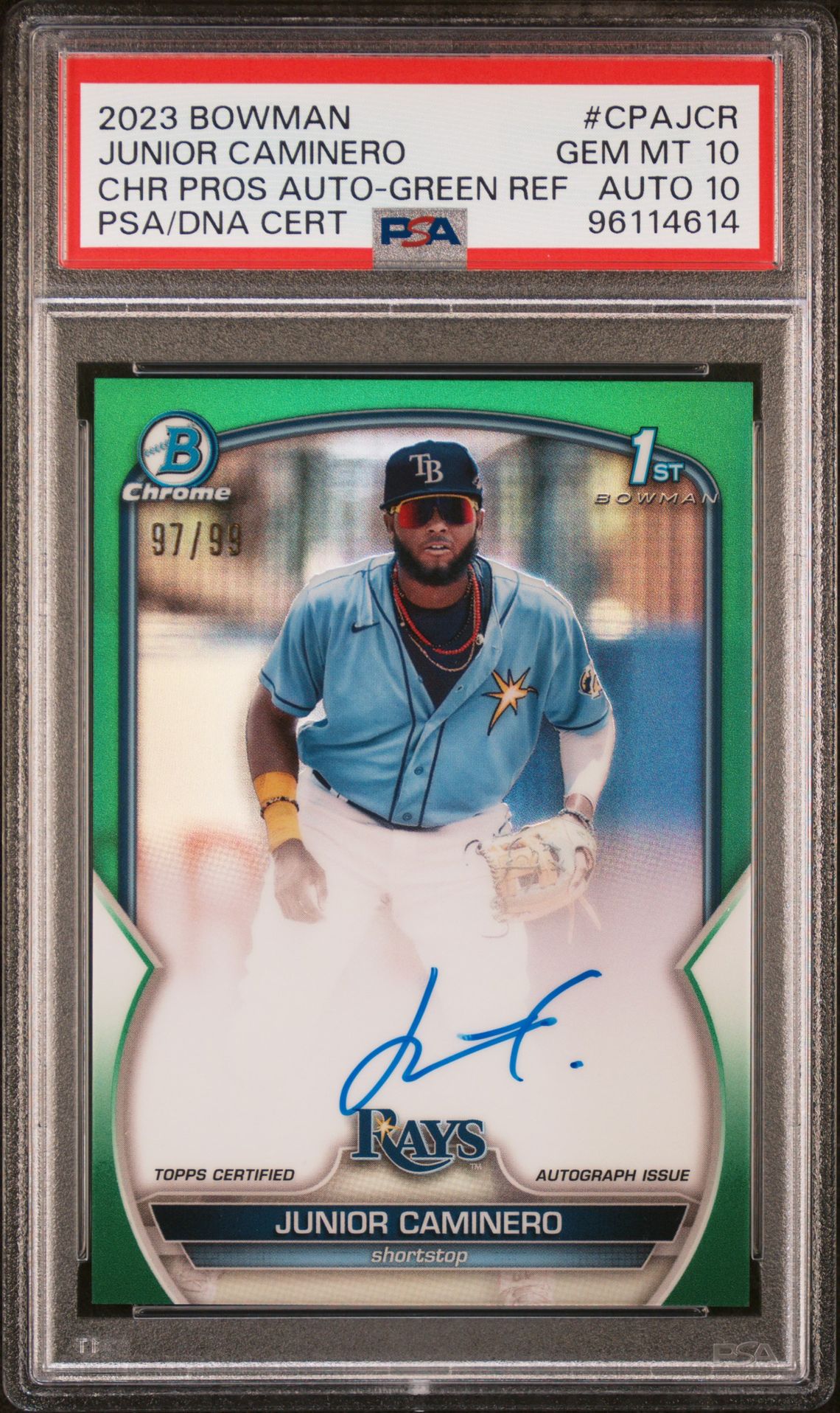 2023 Bowman BOWMAN CHROME PROSPECT AUTOGRAPHS CHR PROS AUTO-GREEN REFCertificationPrimary Signer (1 Signer)JUNIOR CAMINERO #CPAJCR Junior Caminero front