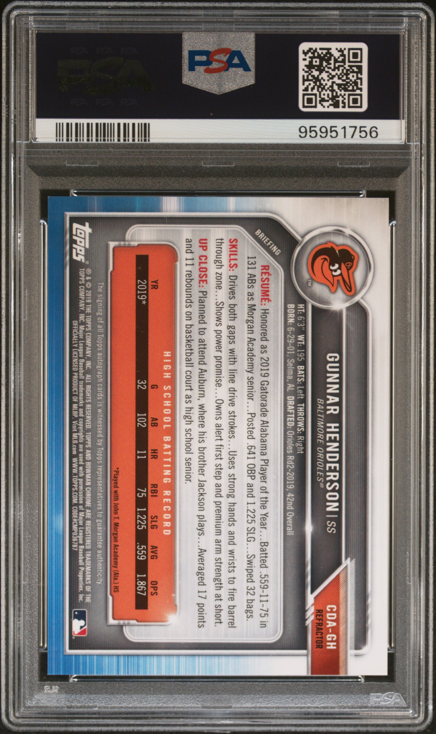 2019 Bowman Draft Chrome Draft Picks Autograph Gunnar Henderson #Cdagh (Chrome Dp Auto-Ref.) Gem Mt 10 back