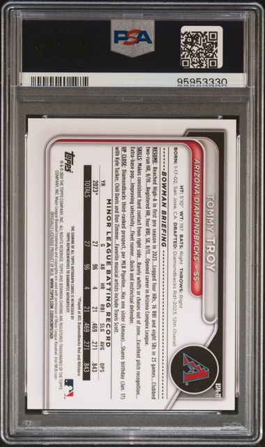 2024 Bowman Sapphire Edition Chrome Prospects Sapphire Autographs Tommy Troy #Tt (Chrome Prospect Au-Green) Mint 9 back