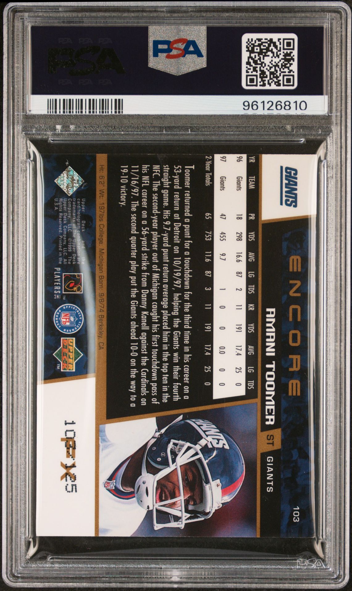 1998 Upper Deck Encore Amani Toomer #103 (Gold F/X) Nm 7 back