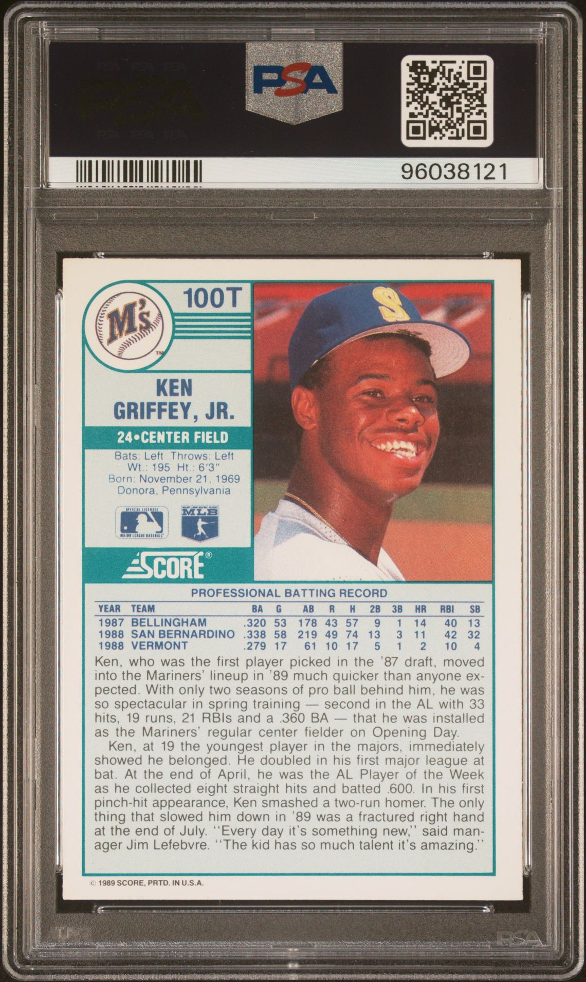 1989 Score Traded Ken Griffey Jr. #100T Gem Mt 10 back