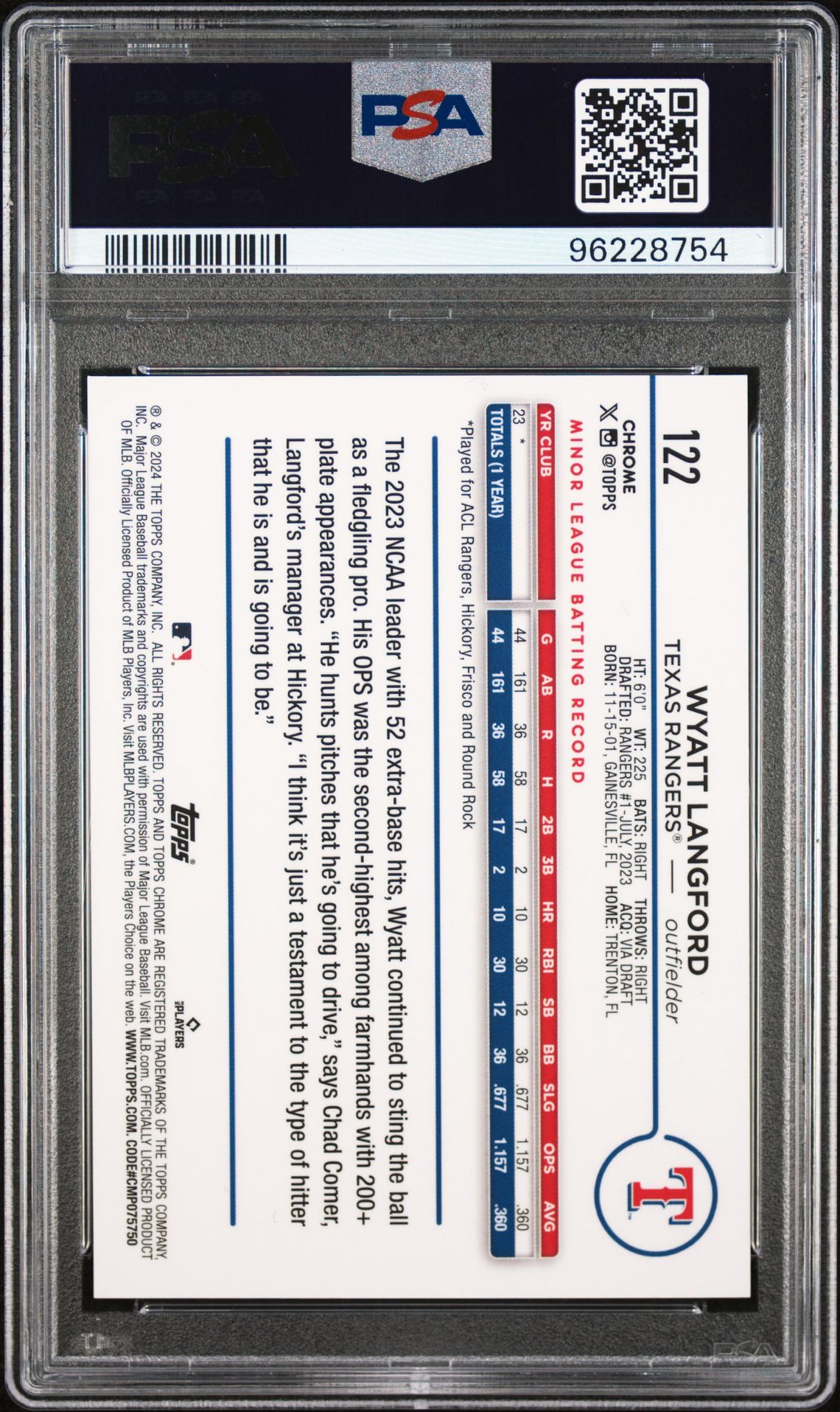 2024 Topps Chrome Wyatt Langford #122 (Variation) Gem Mt 10 back view - PSA certificate #96228754