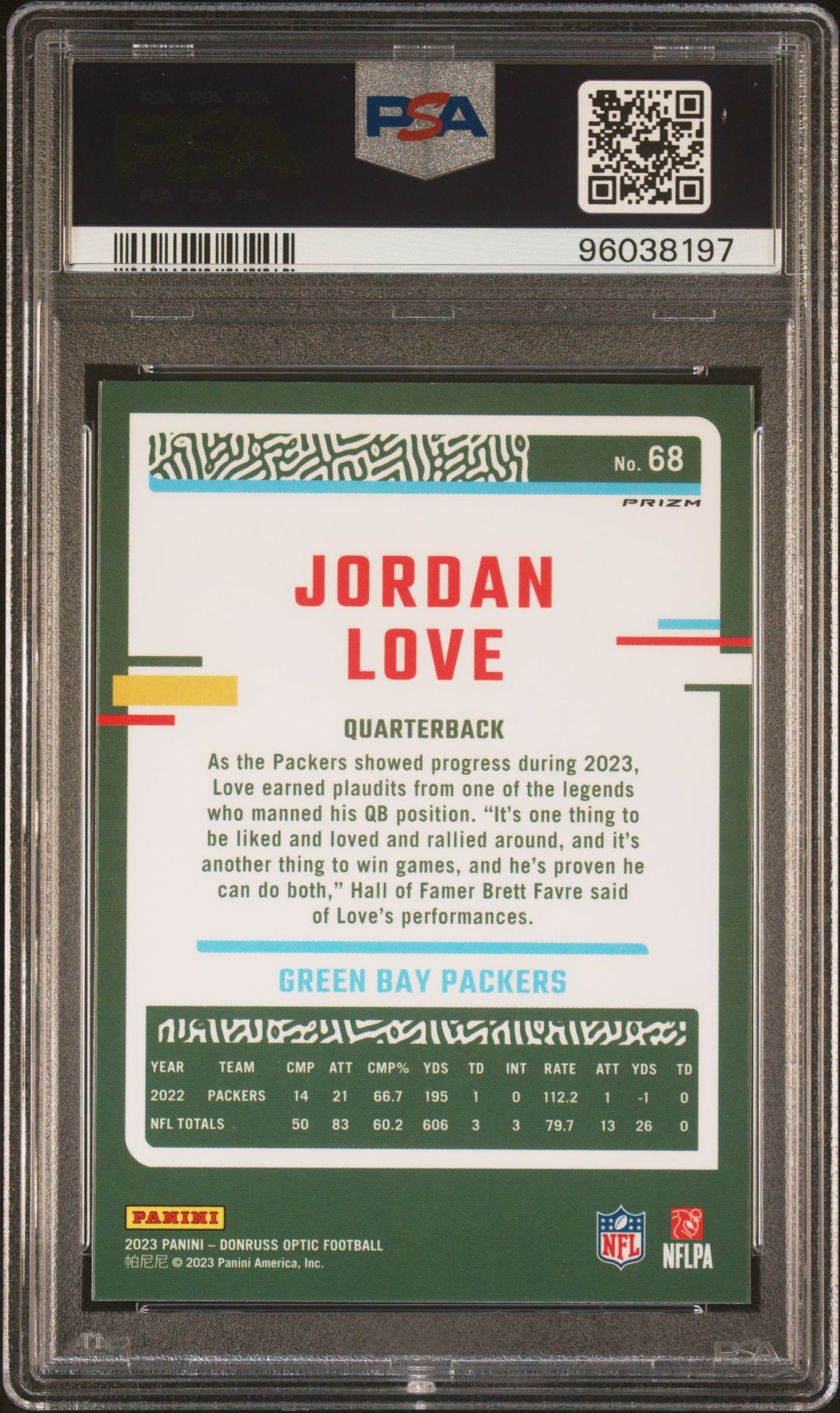 2023 Panini Donruss Optic Jordan Love #68 (Holo) Mint 9 back