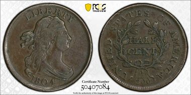 1804 1/2C Plain 4, No Stems XF40BN