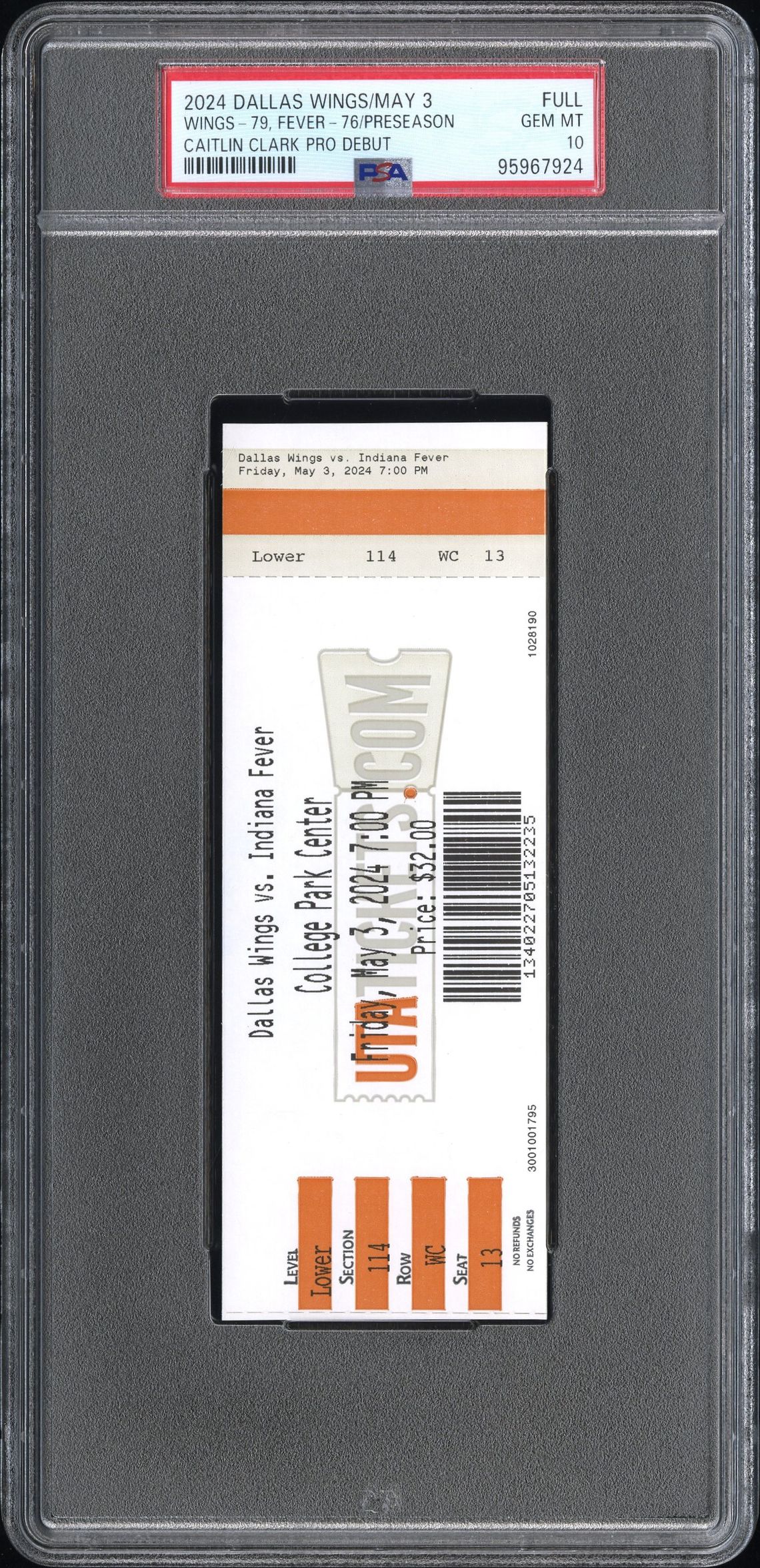 Caitlin Clark preseason ticket, Fever at Wings, 3 May 2024, PSA GEM MT 10, cert 95967924