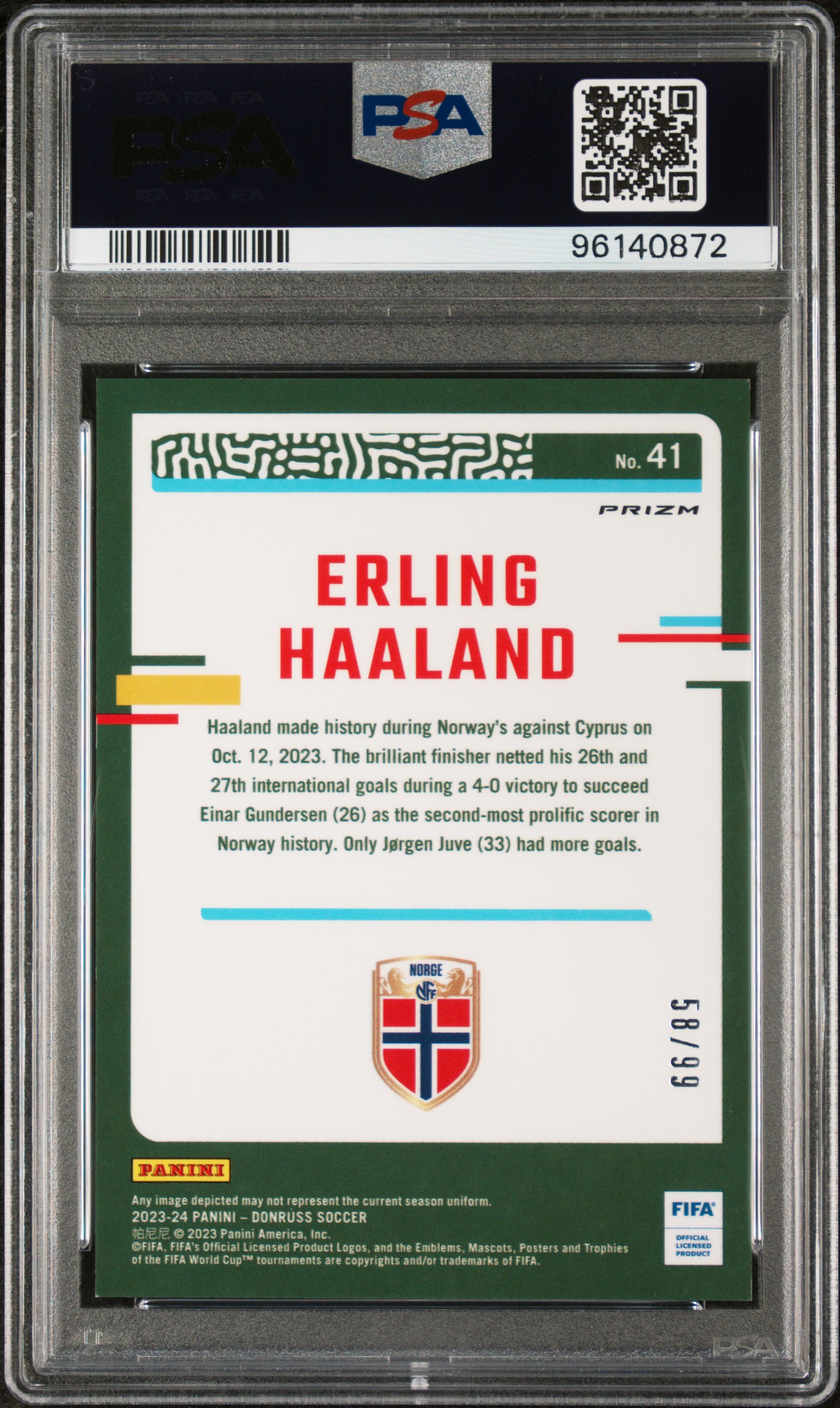 2023-24 Panini Donruss Fifa Erling Haaland #41 (Optic-Pink Velocity) Gem Mt 10 back