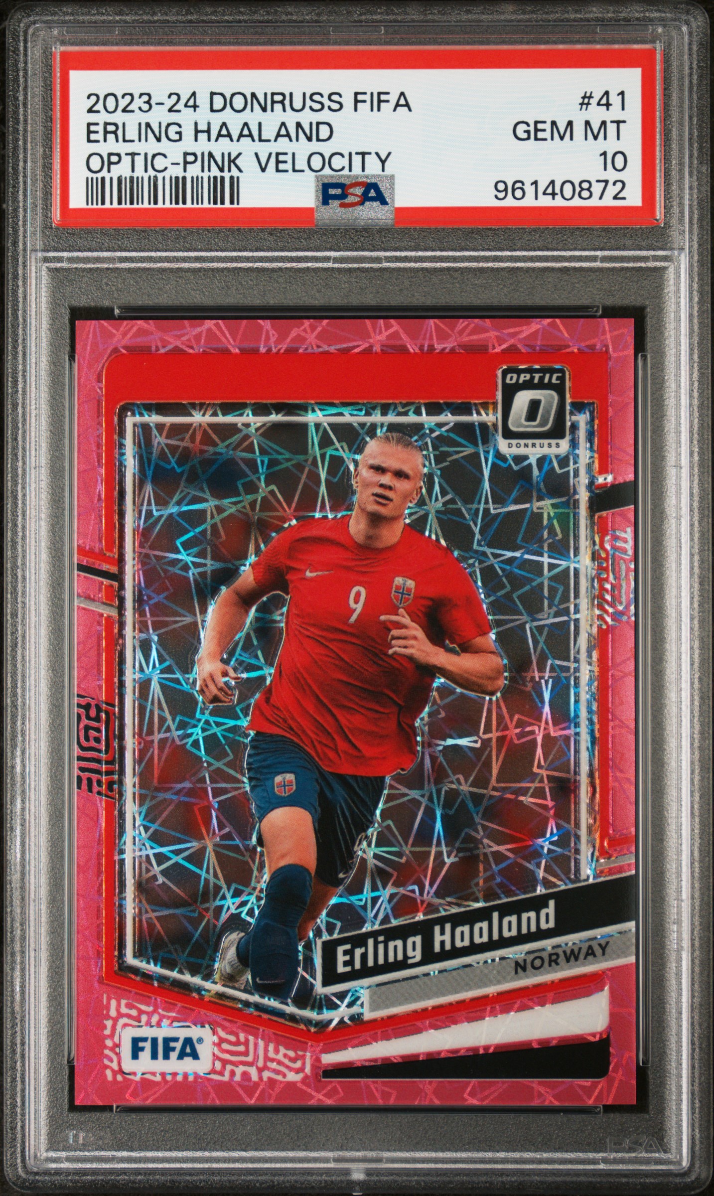2023-24 Panini Donruss Fifa Erling Haaland #41 (Optic-Pink Velocity) Gem Mt 10 front