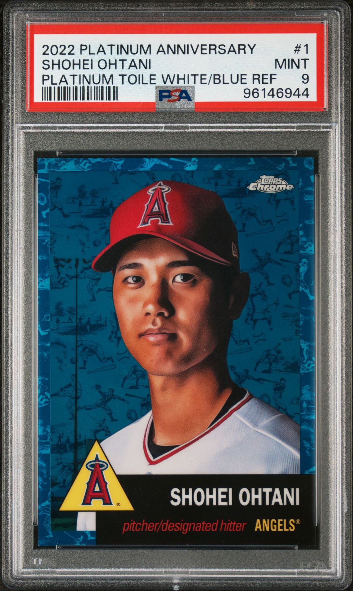 2022 Topps TOPPS CHROME PLATINUM ANNIVERSARY PLATINUM TOILE WHITE/BLUE REF #1 Shohei Ohtani front