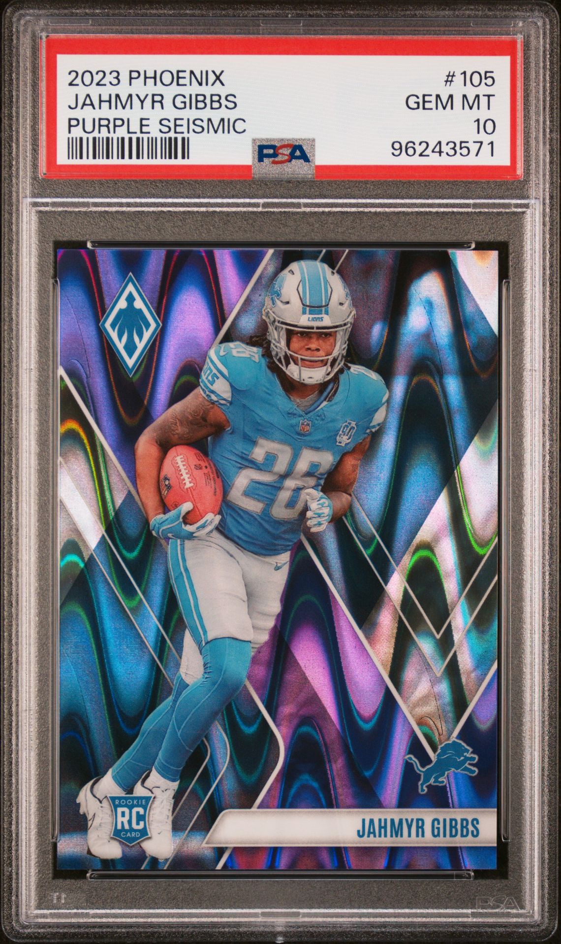 2023 Panini Phoenix Jahmyr Gibbs #105 (Purple Seismic) Gem Mt 10 front