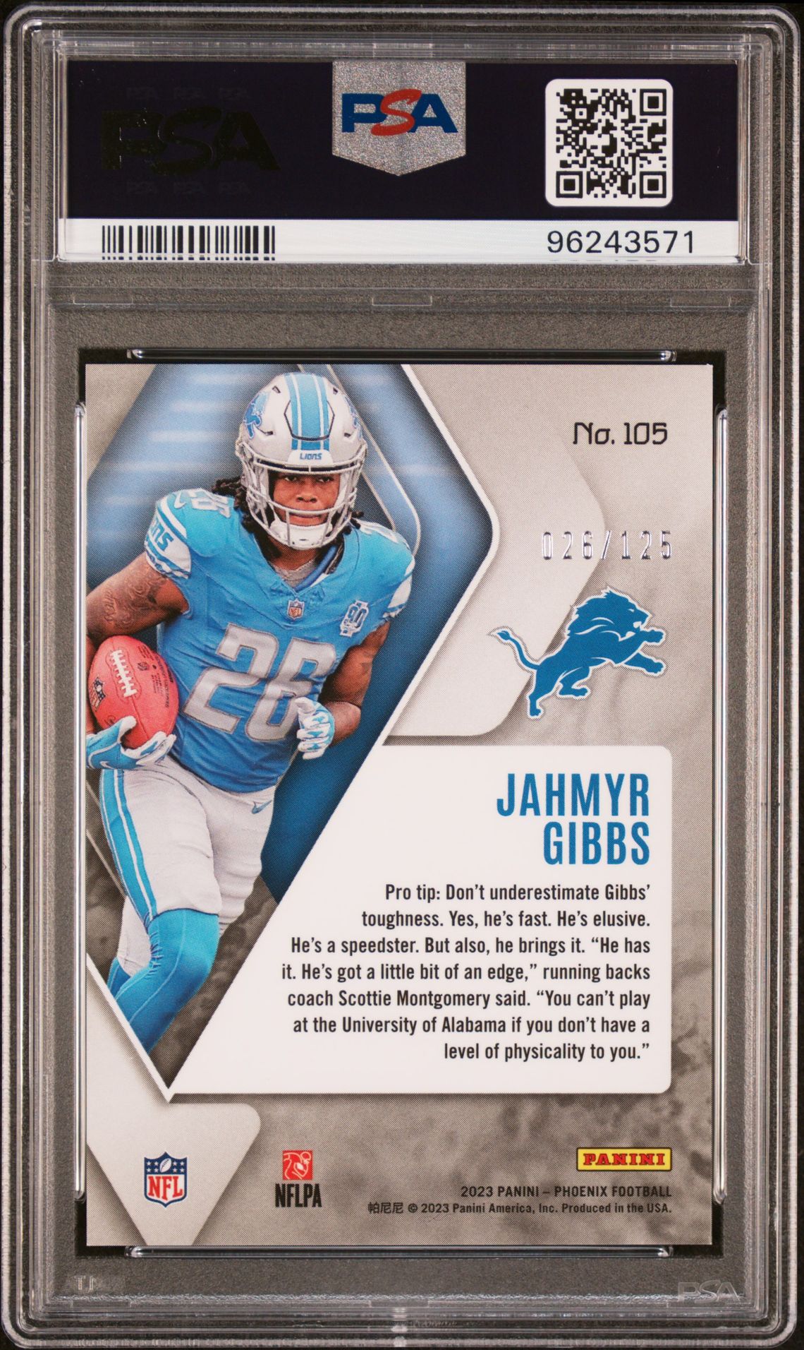 2023 Panini Phoenix Jahmyr Gibbs #105 (Purple Seismic) Gem Mt 10 back