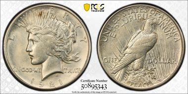 1921 $1 High Relief, Peace N1