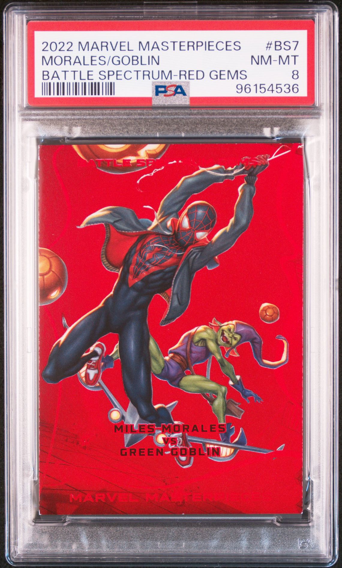 2022 SkyBox SKYBOX MARVEL MASTERPIECES BATTLE SPECTRUM RED GEMS #BS7 Morales/Goblin front