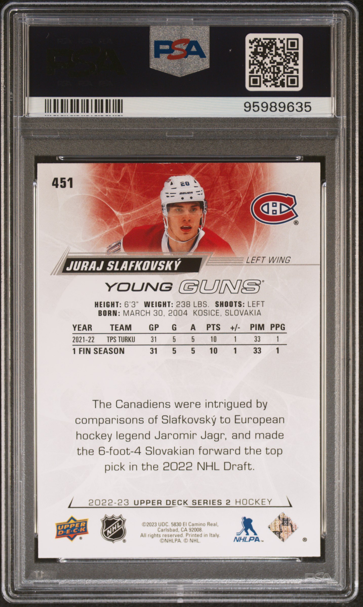 2022 Upper Deck Juraj Slafkovsky #451 Mint 9 back