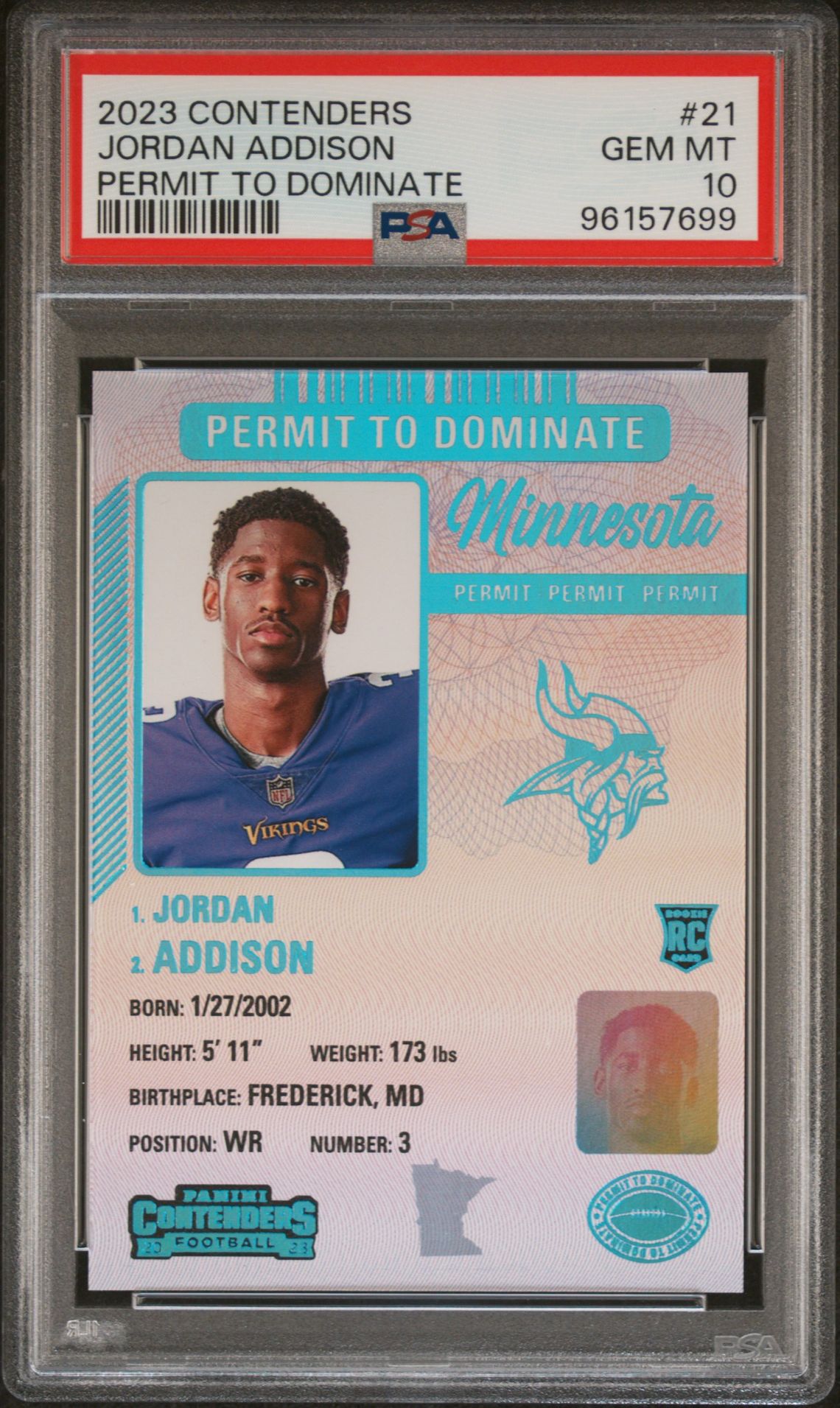 2023 Panini Contenders Permit To Dominate Jordan Addison #21 Gem Mt 10 front