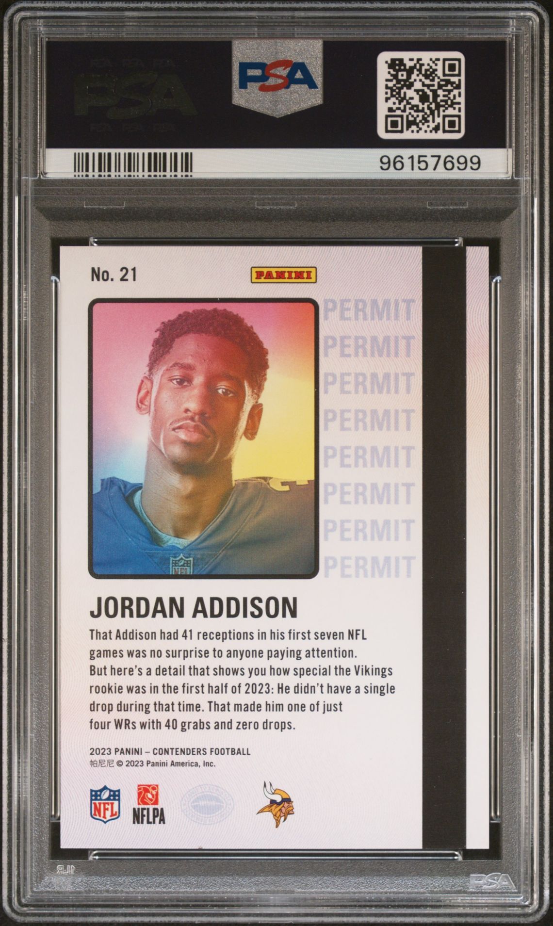 2023 Panini Contenders Permit To Dominate Jordan Addison #21 Gem Mt 10 back