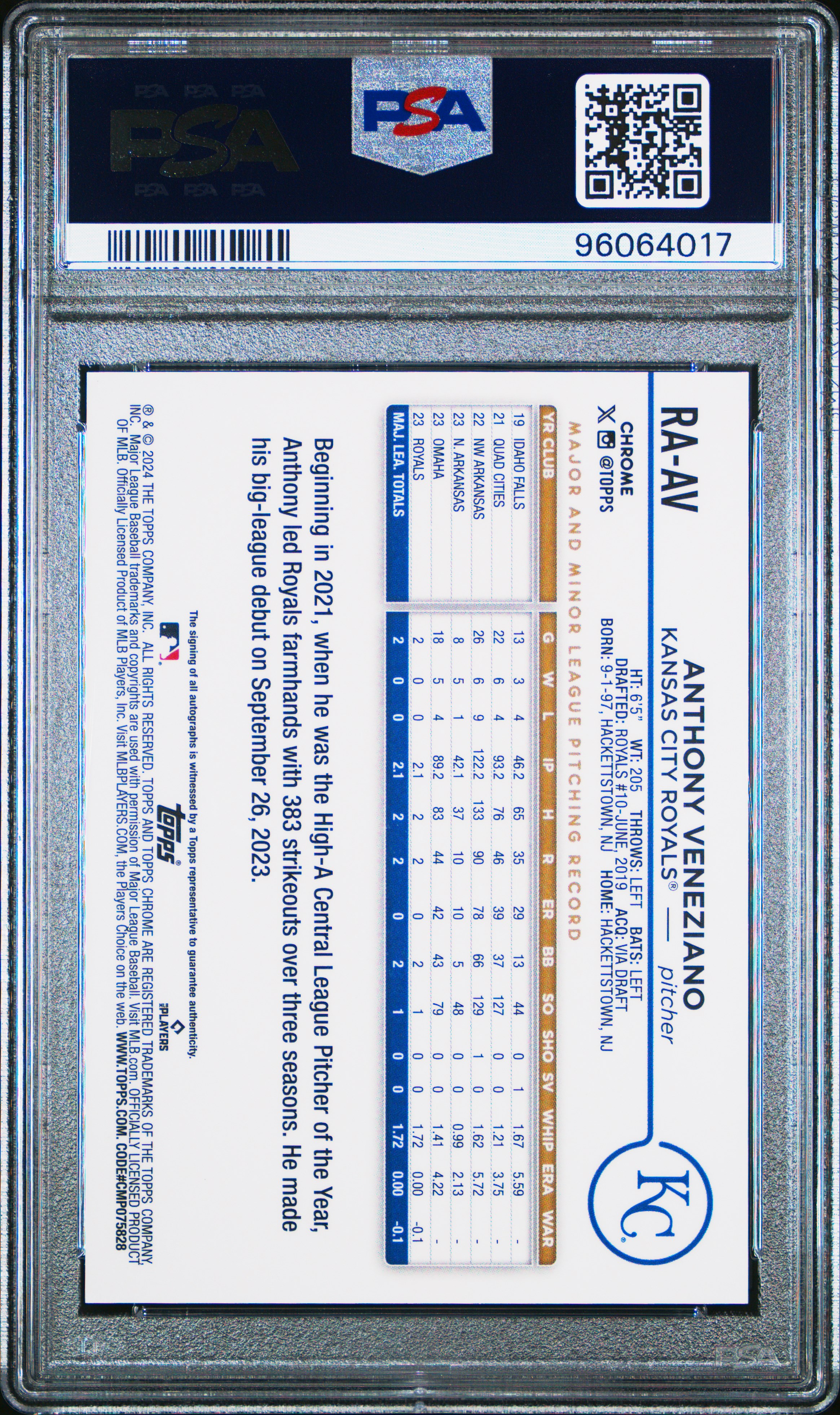 2024 Topps Chrome Rookie Autographs Anthony Veneziano #Raav Gem Mt 10 front