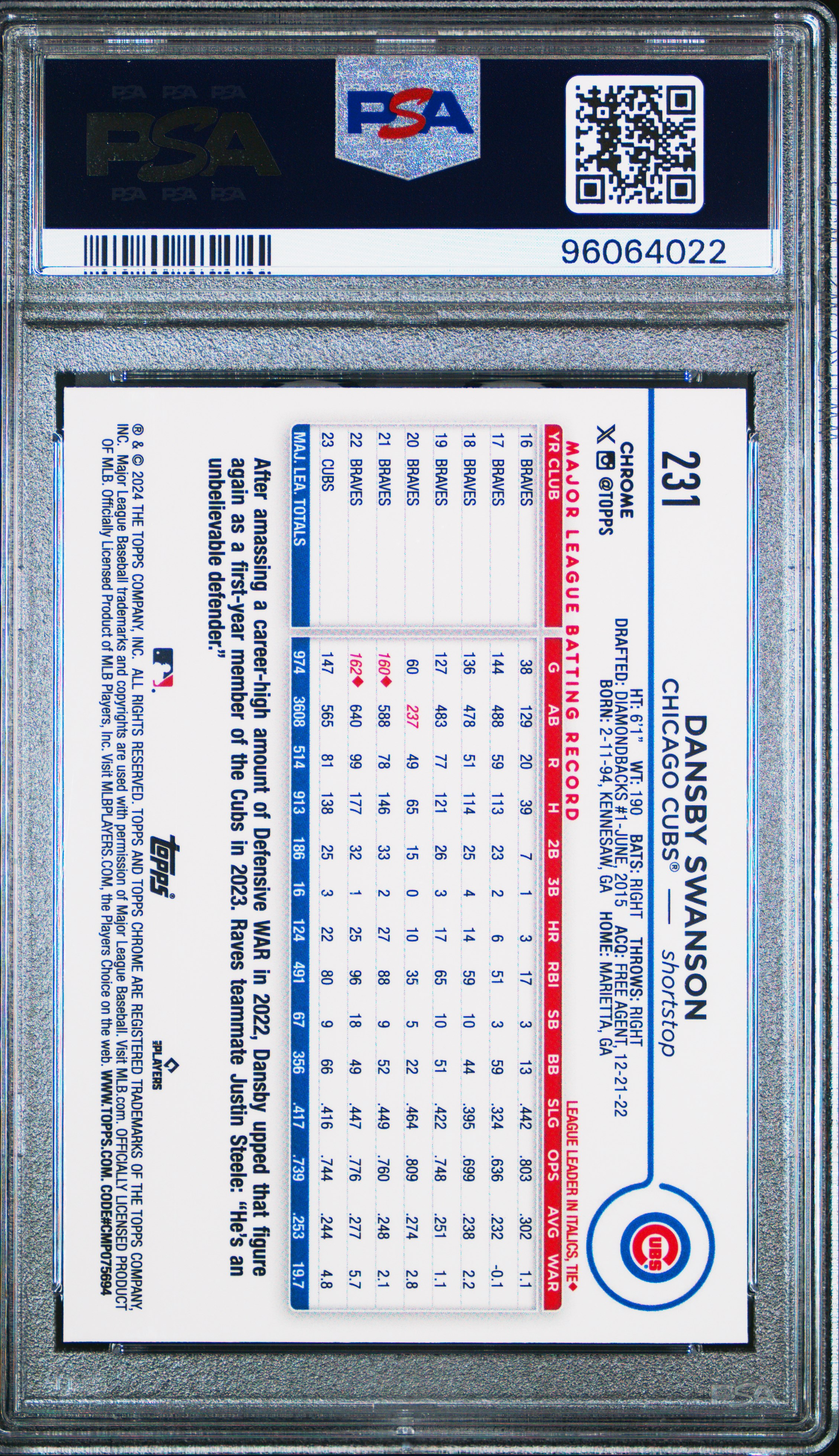 2024 Topps Chrome Dansby Swanson #231 (Blue Wave) Mint 9 front