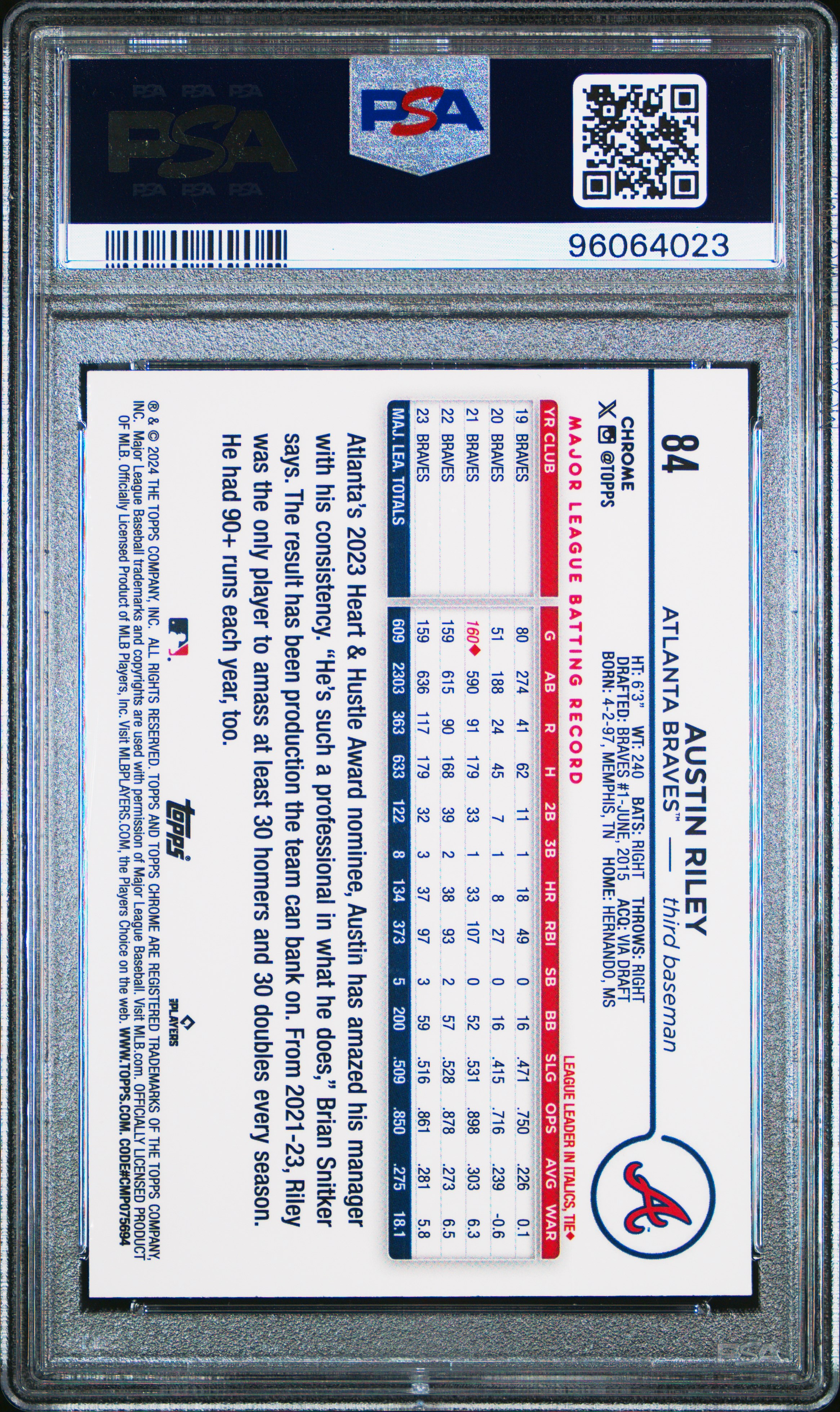 2024 Topps Chrome Austin Riley #84 (Gold Wave) Gem Mt 10 front