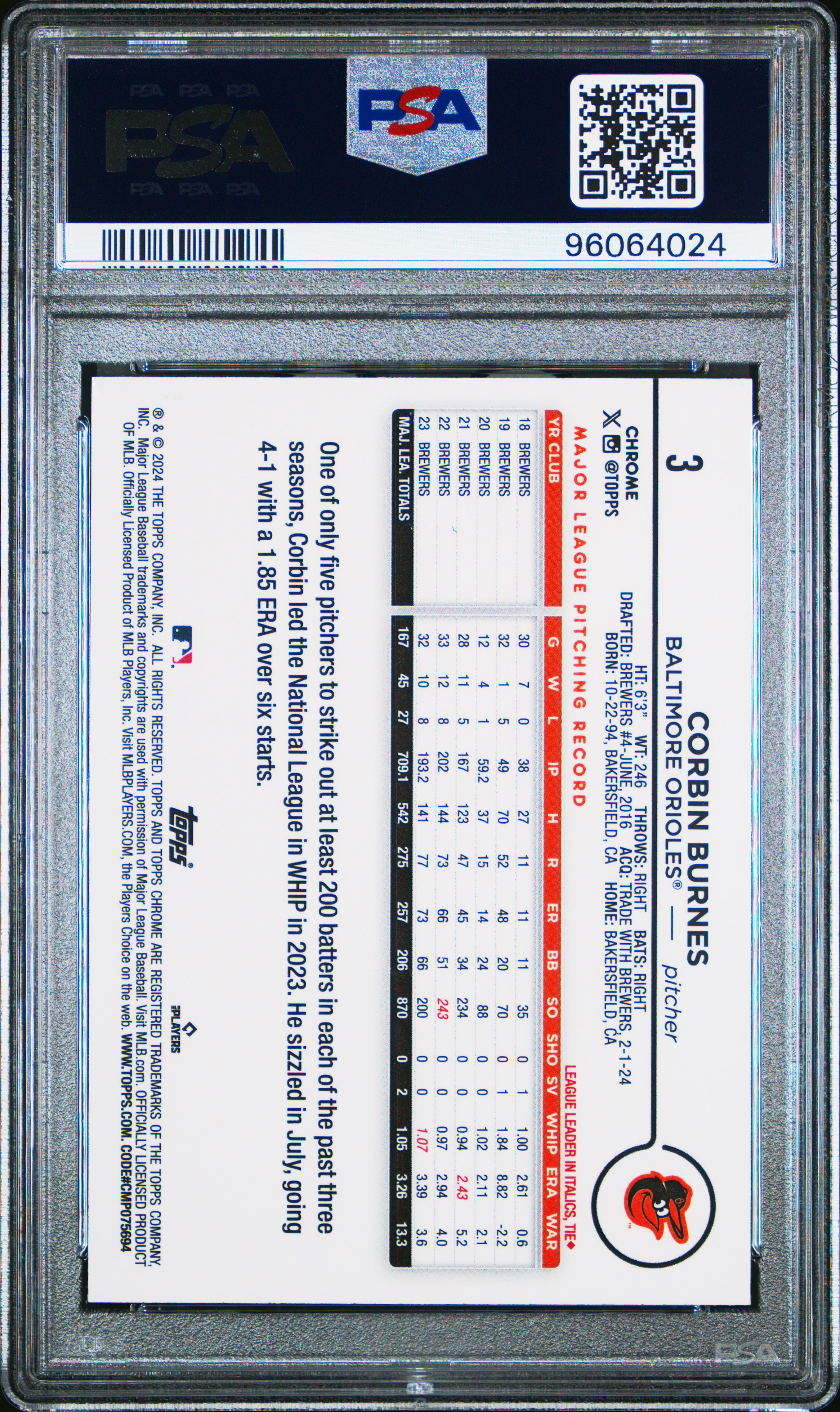 2024 Topps Chrome Corbin Burnes #3 (Purple Refractor) Gem Mt 10 front