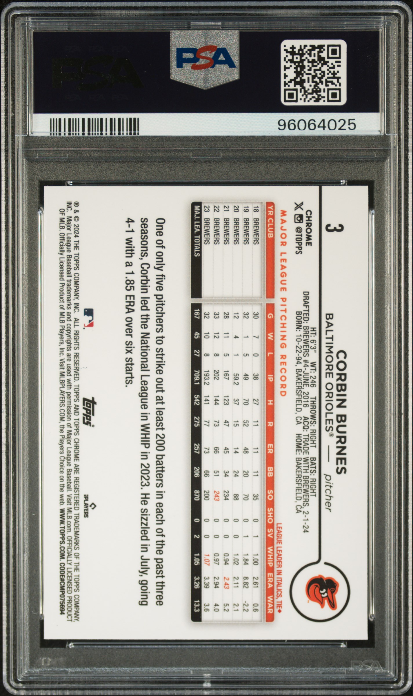 2024 Topps Chrome Corbin Burnes #3 (Gold Wave) Mint 9 front