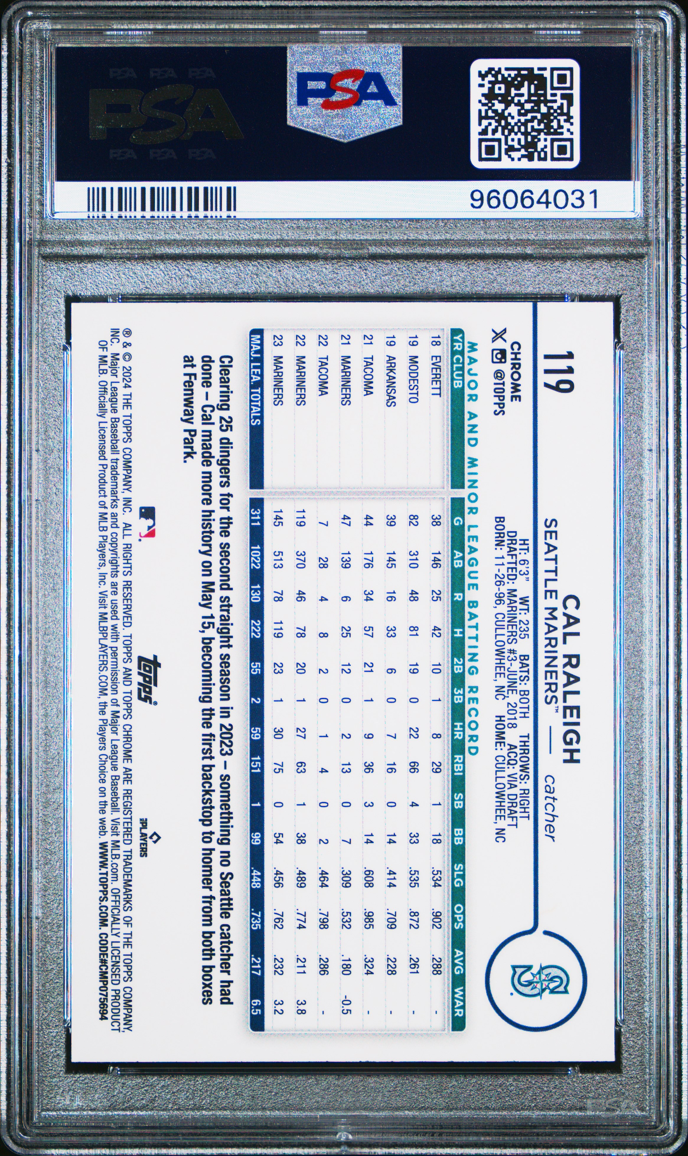 2024 Topps Chrome Cal Raleigh #119 (Negative Refractor) Mint 9 front