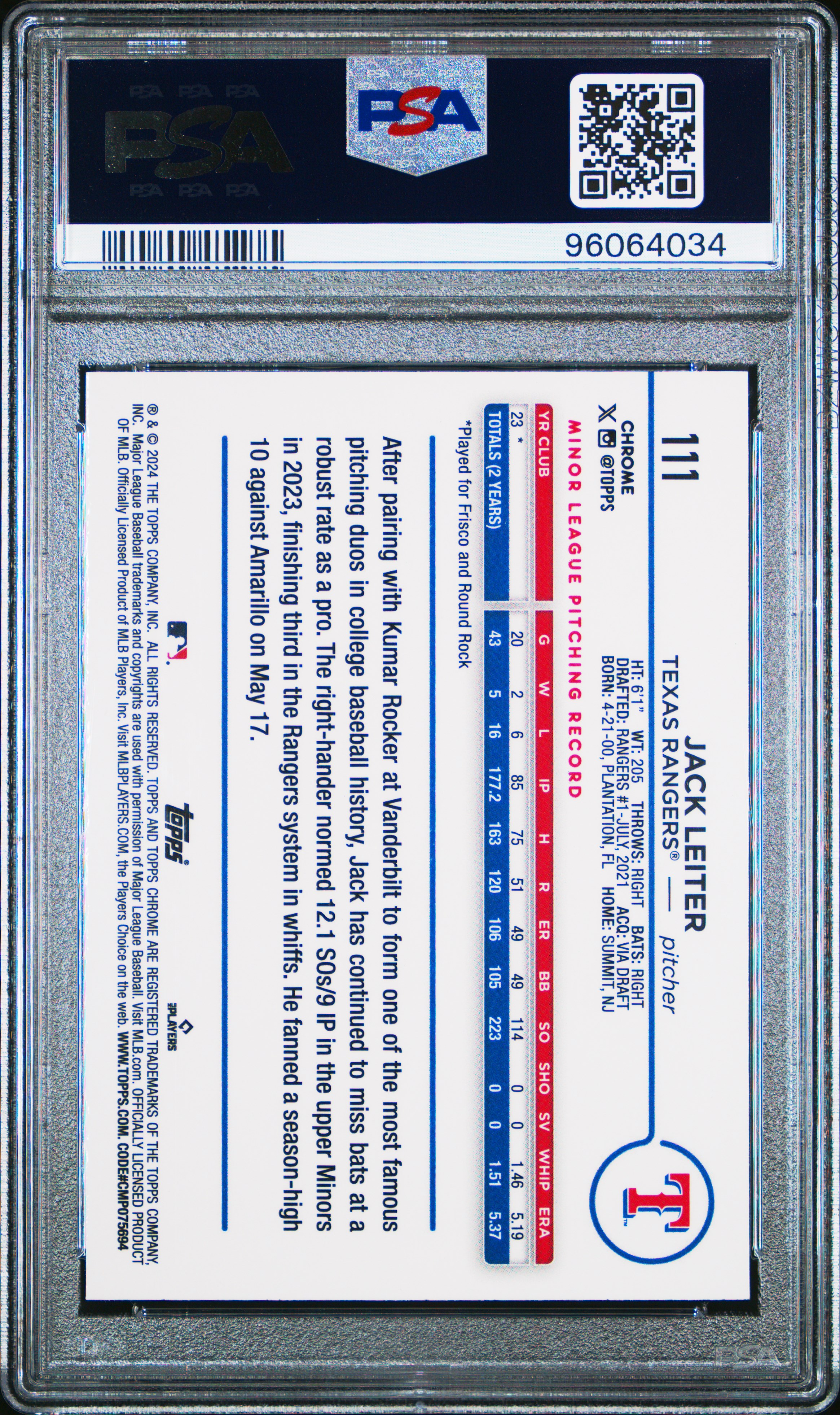 2024 Topps Chrome Jack Leiter #111 (Gold Wave) Gem Mt 10 front