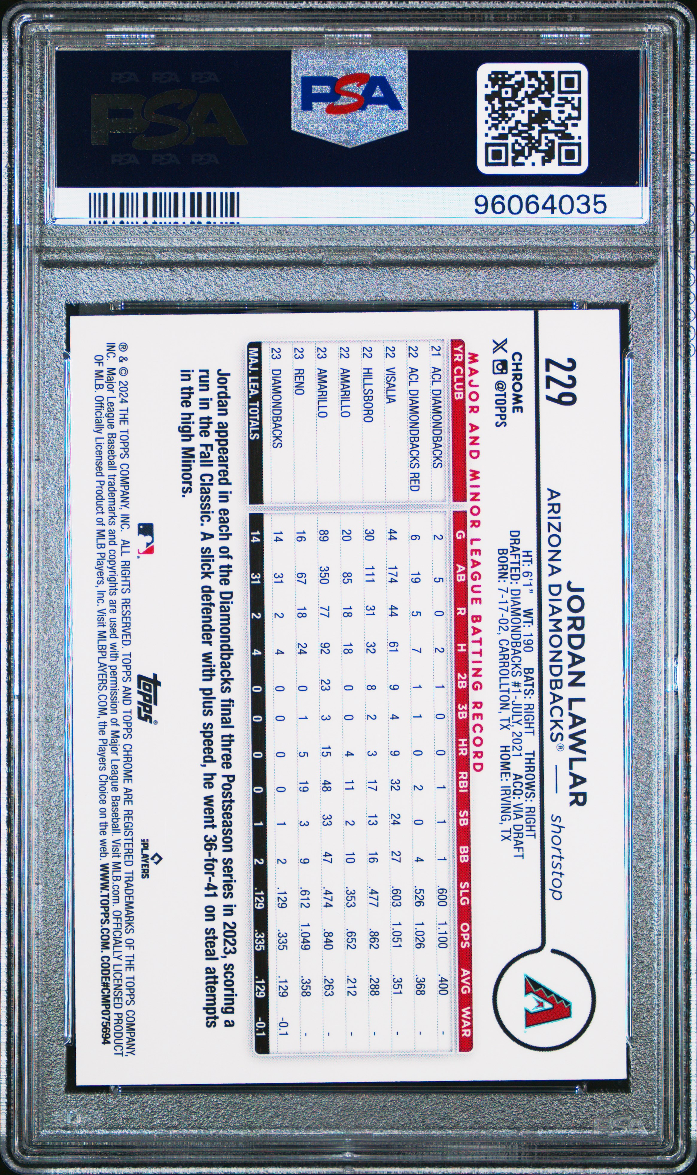 2024 Topps Chrome Jordan Lawlar #229 (Blue Refractor) Mint 9 front