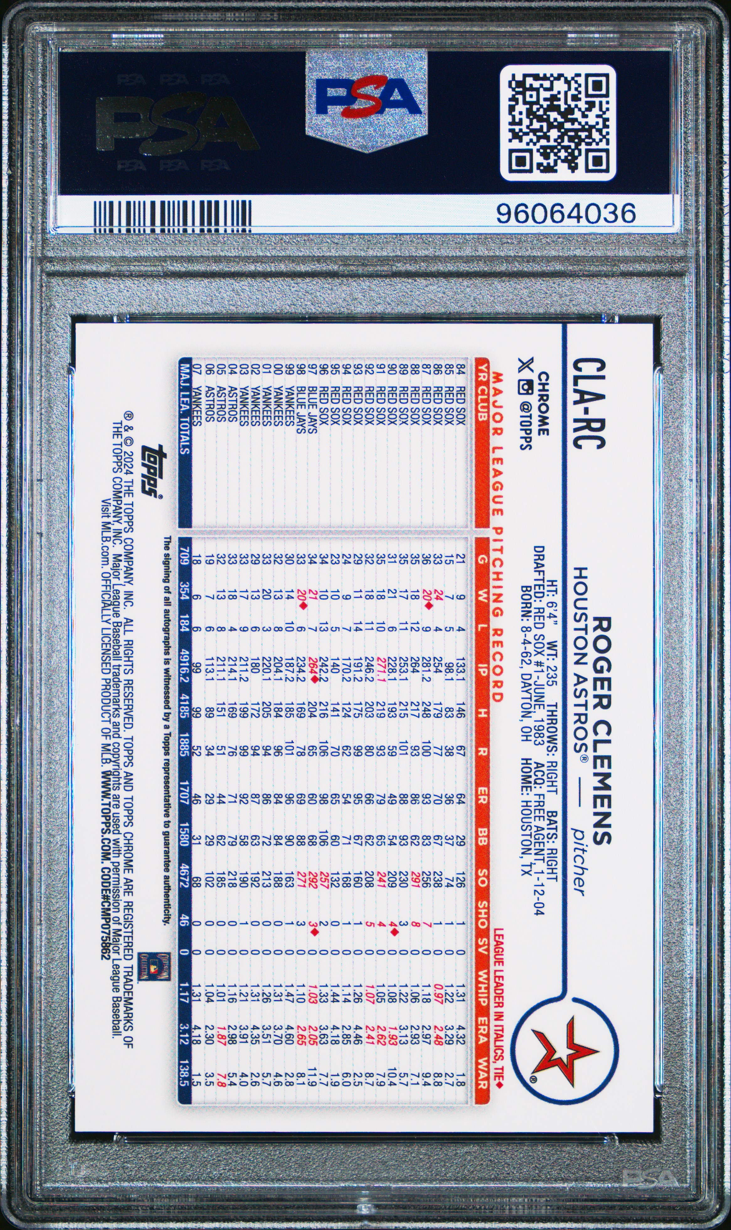 2024 Topps Chrome Chrome Legends Autographs Roger Clemens #Clarc Gem Mt 10 front