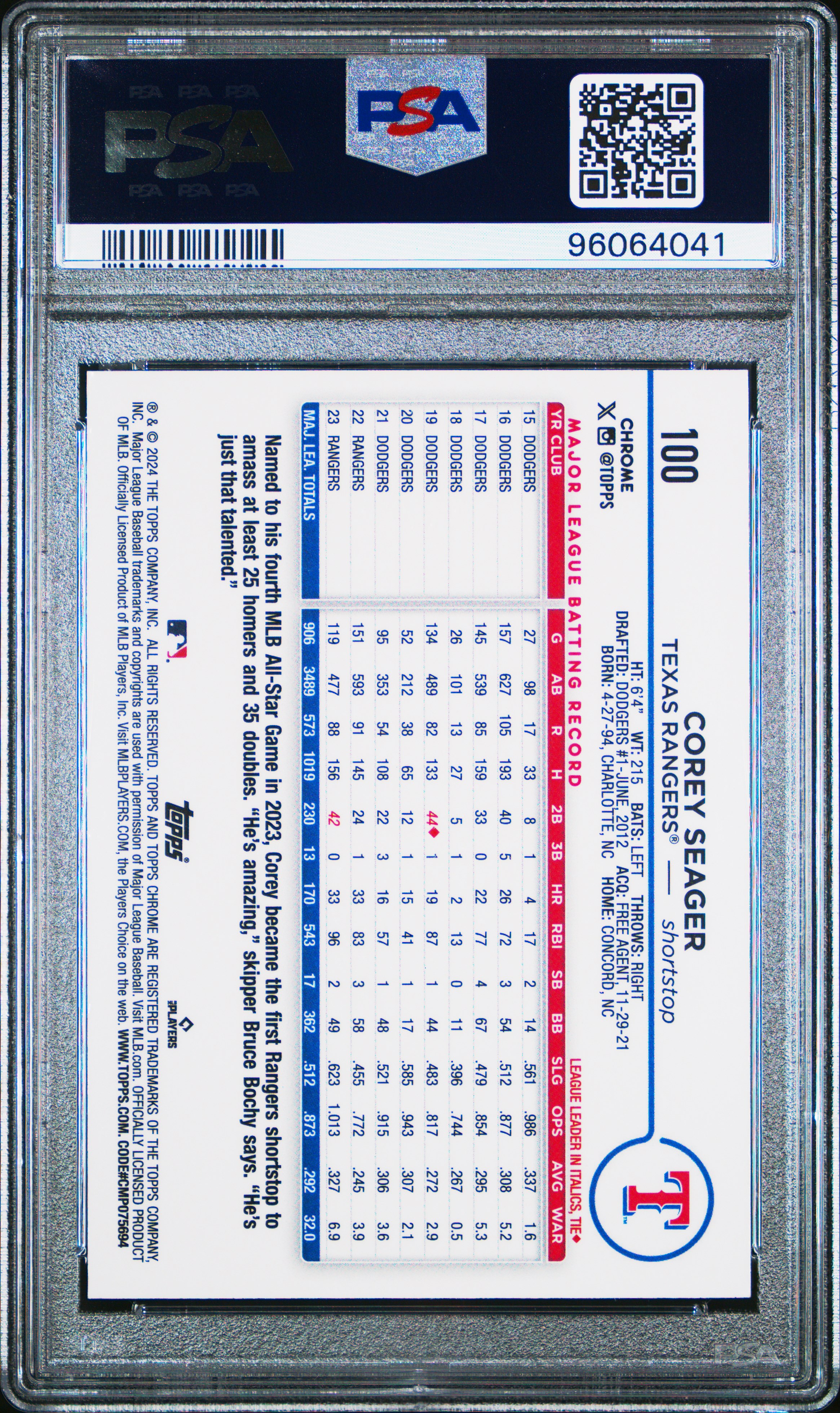 2024 Topps Chrome Corey Seager #100 (Blue Wave) Gem Mt 10 front