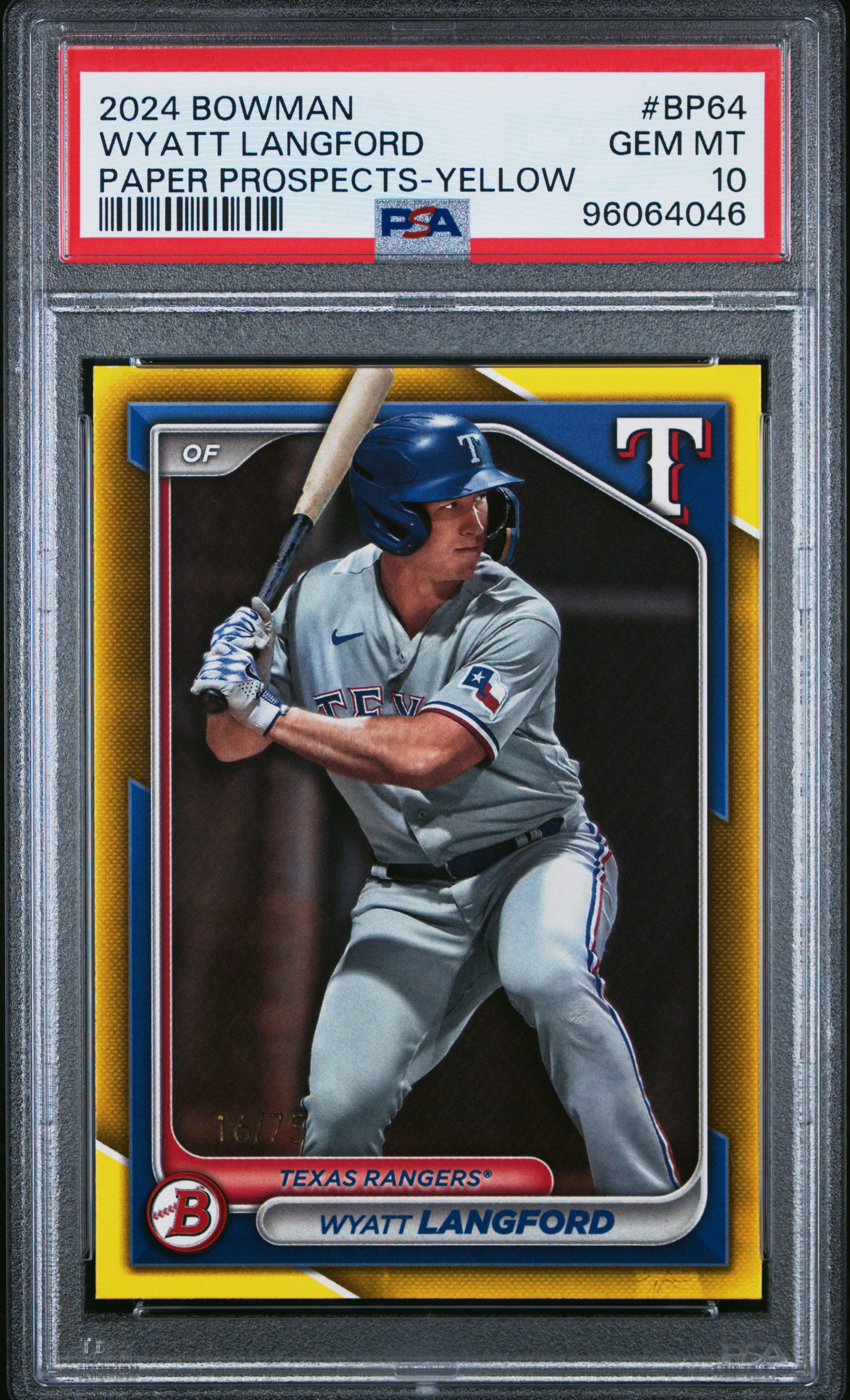 2024 Bowman Paper Prospects Wyatt Langford #Bp64 (Paper Prospects-Yellow) Gem Mt 10 back