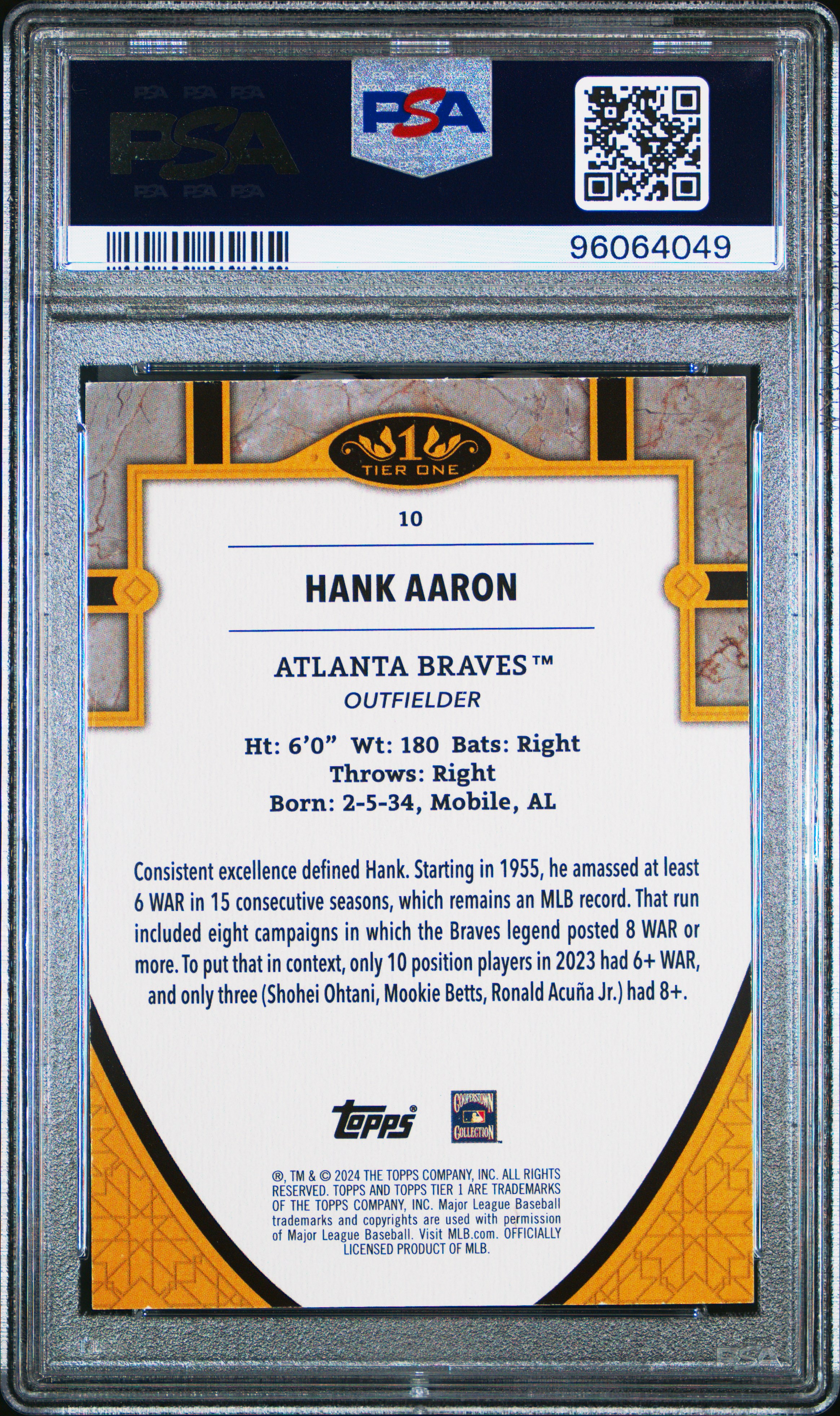 2024 Topps Tier One Hank Aaron #10 (Pink Foil) Nm-Mt 8 front