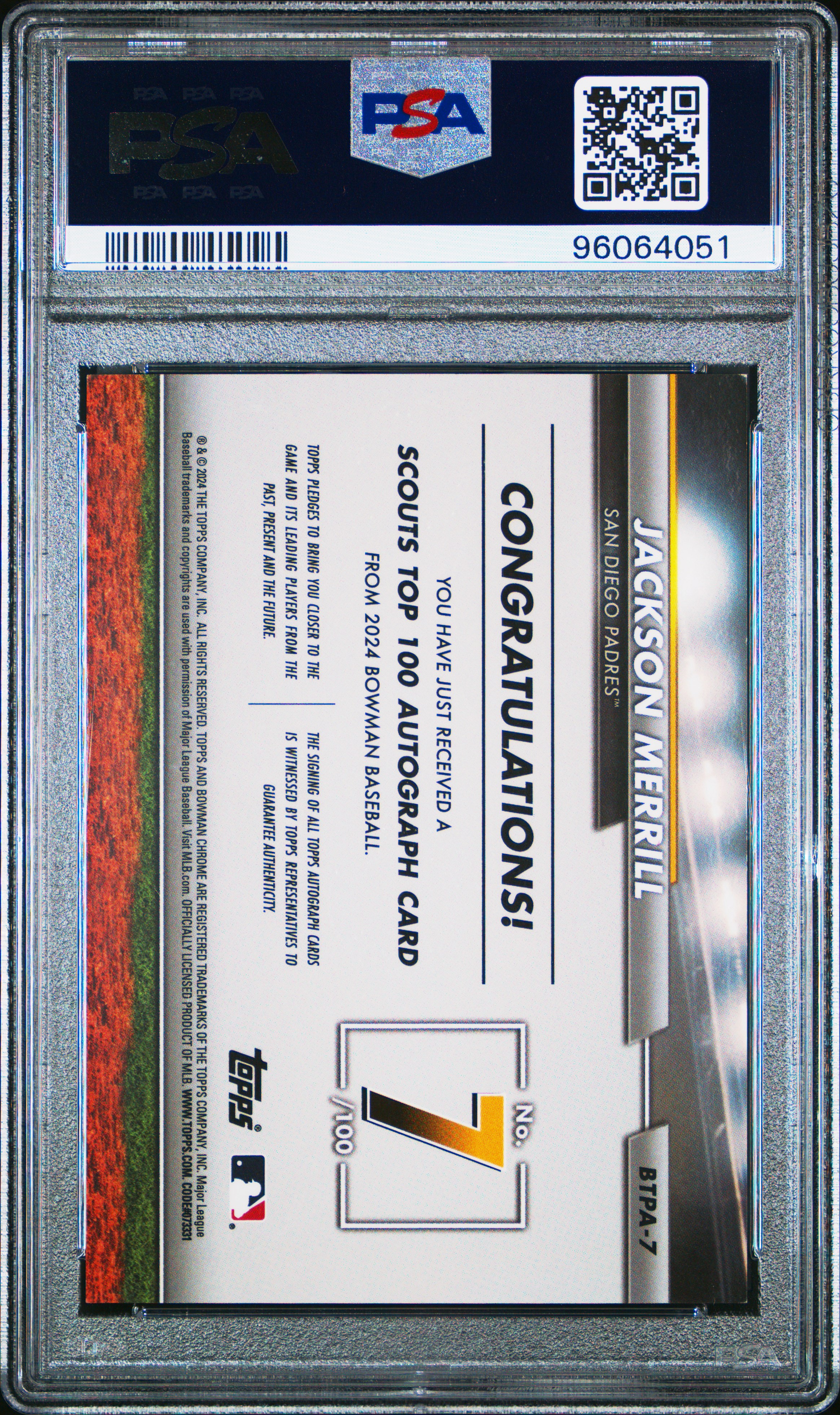 2024 Bowman Bowman Scouts' Top 100 Autographs Jackson Merrill #7 (Scouts' Top 100 Au-Gold Ref) Nm-Mt 8 front