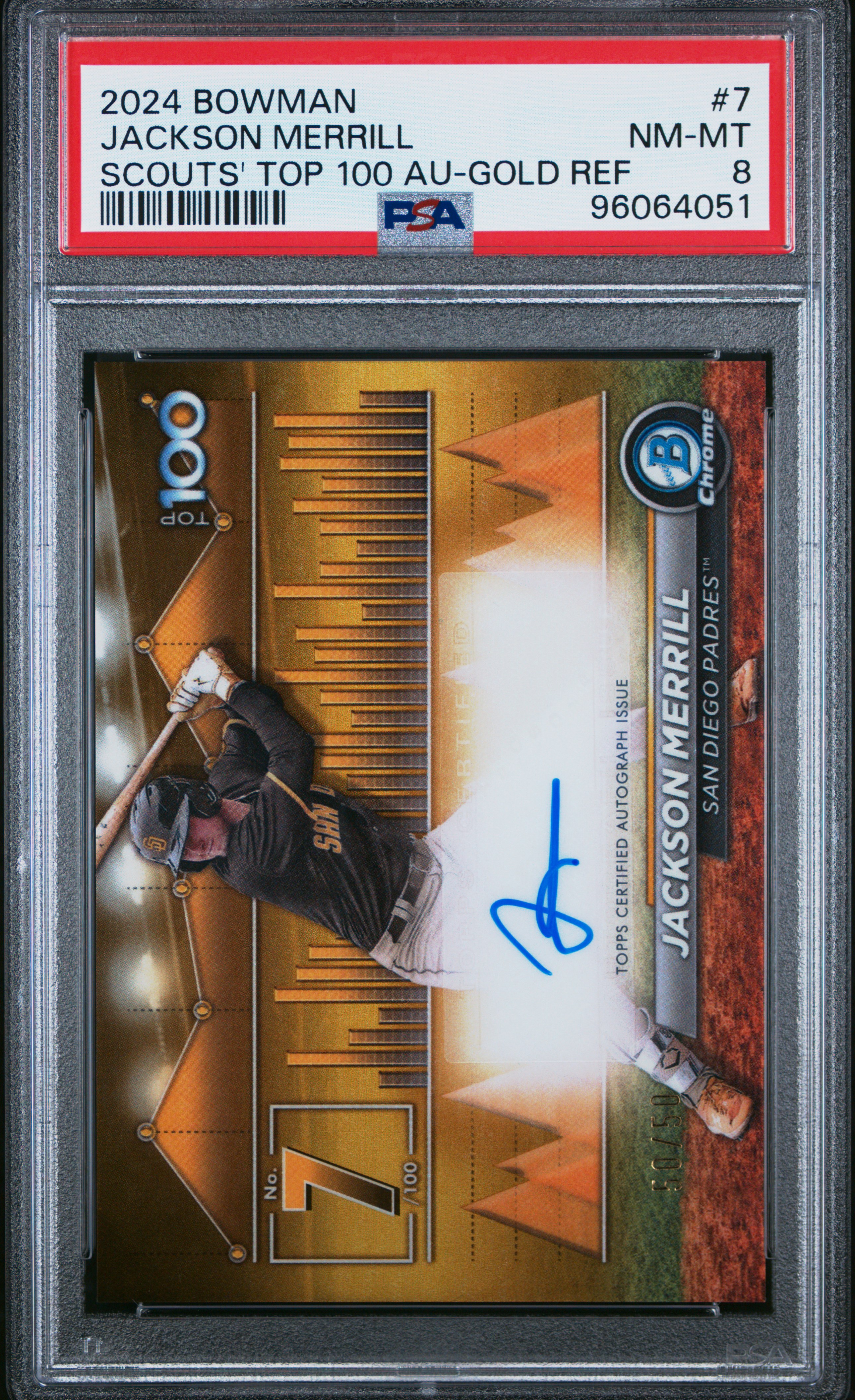2024 Bowman Bowman Scouts' Top 100 Autographs Jackson Merrill #7 (Scouts' Top 100 Au-Gold Ref) Nm-Mt 8 back