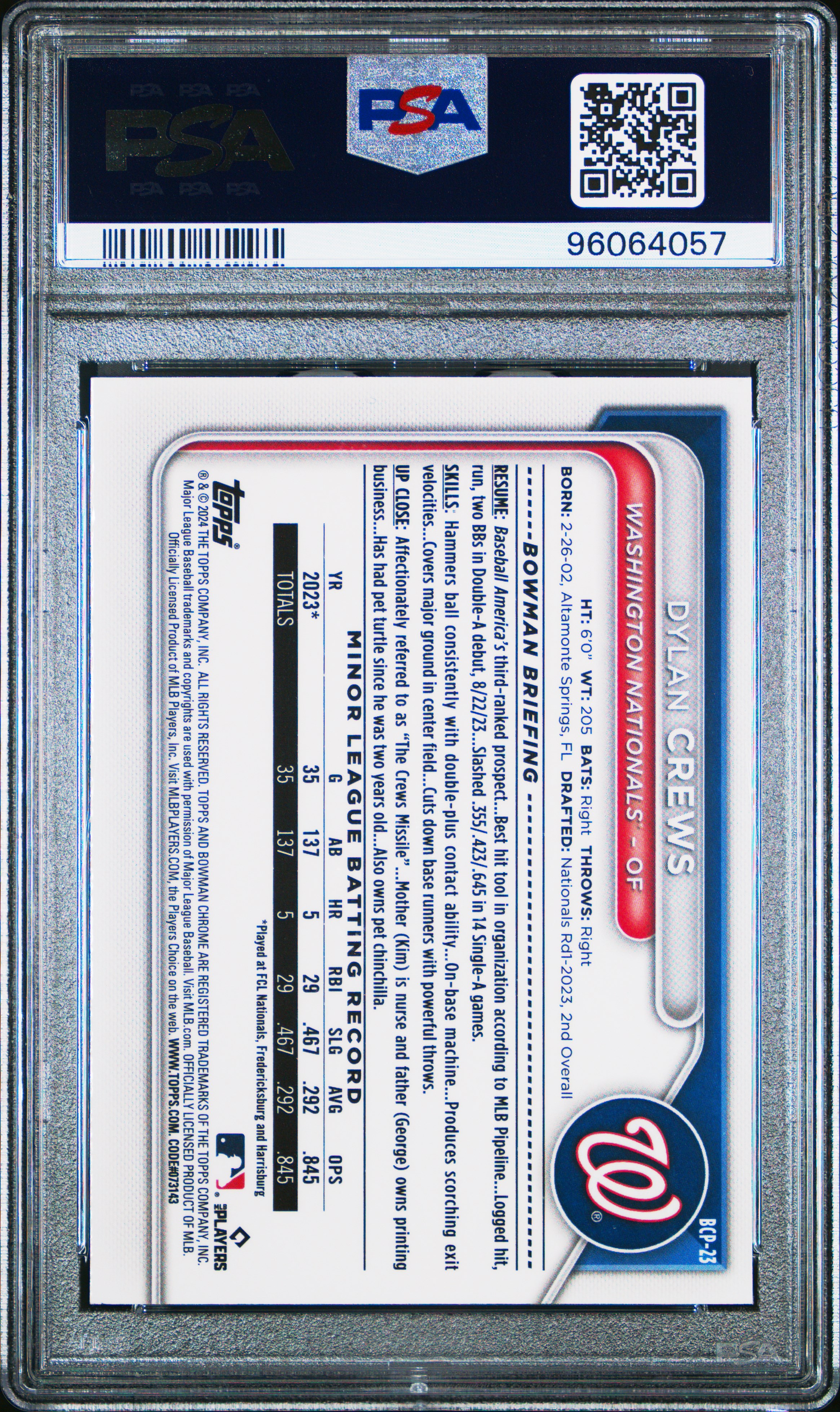 2024 Bowman Chrome Prospects Dylan Crews #Bcp23 Mint 9 front