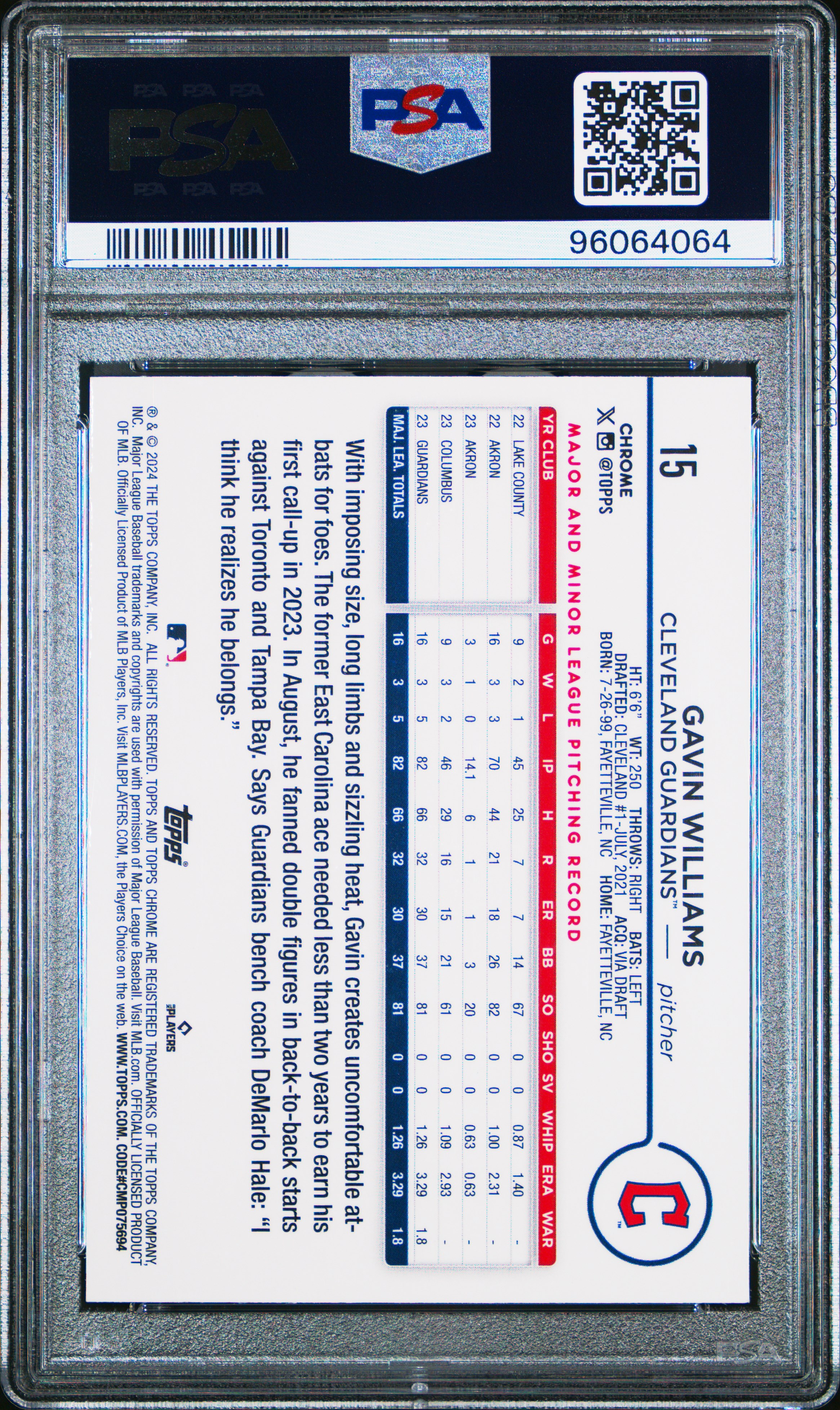 2024 Topps Chrome Gavin Williams #15 (Purple Refractor) Gem Mt 10 front