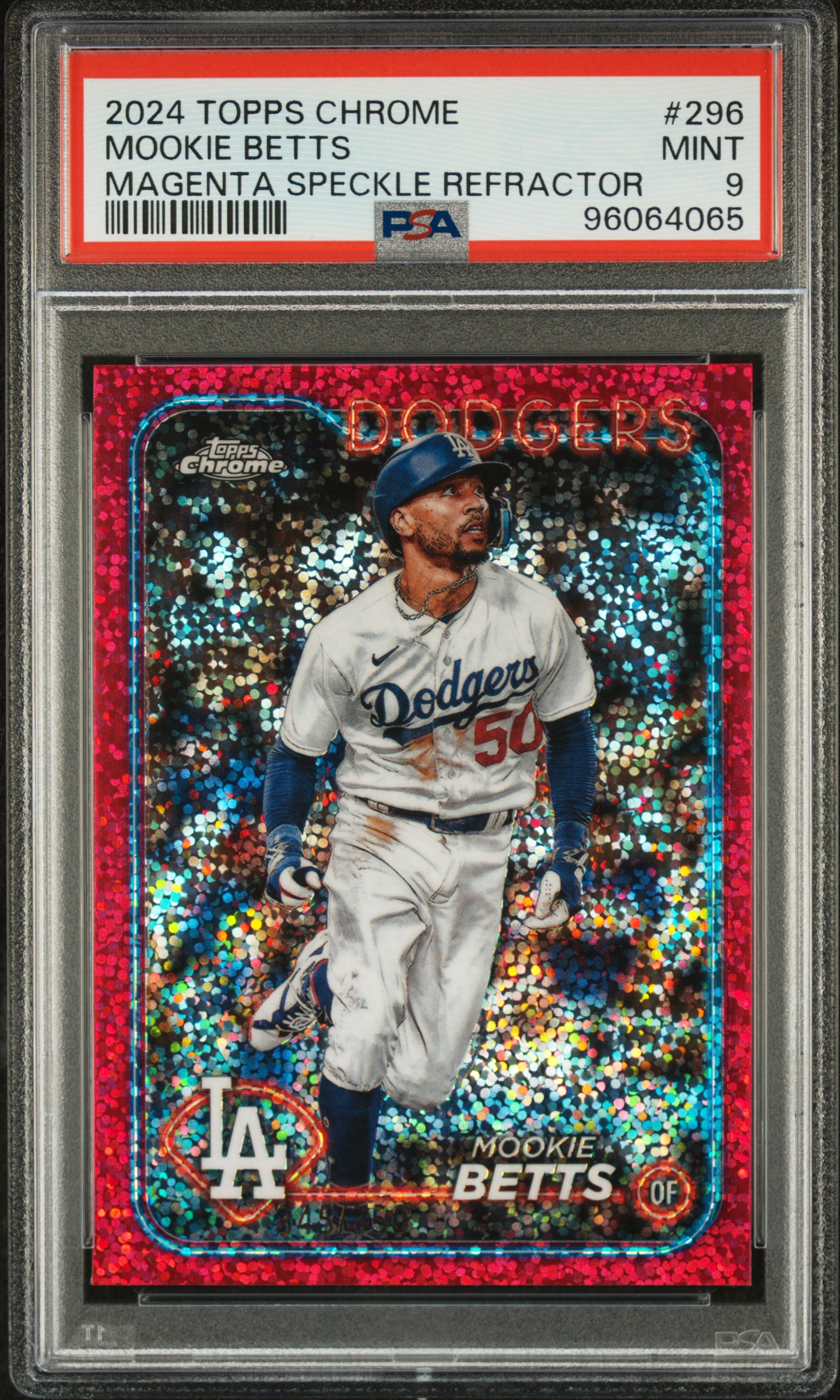 2024 Topps Chrome Mookie Betts #296 (Magenta Speckle Refractor) Mint 9 back