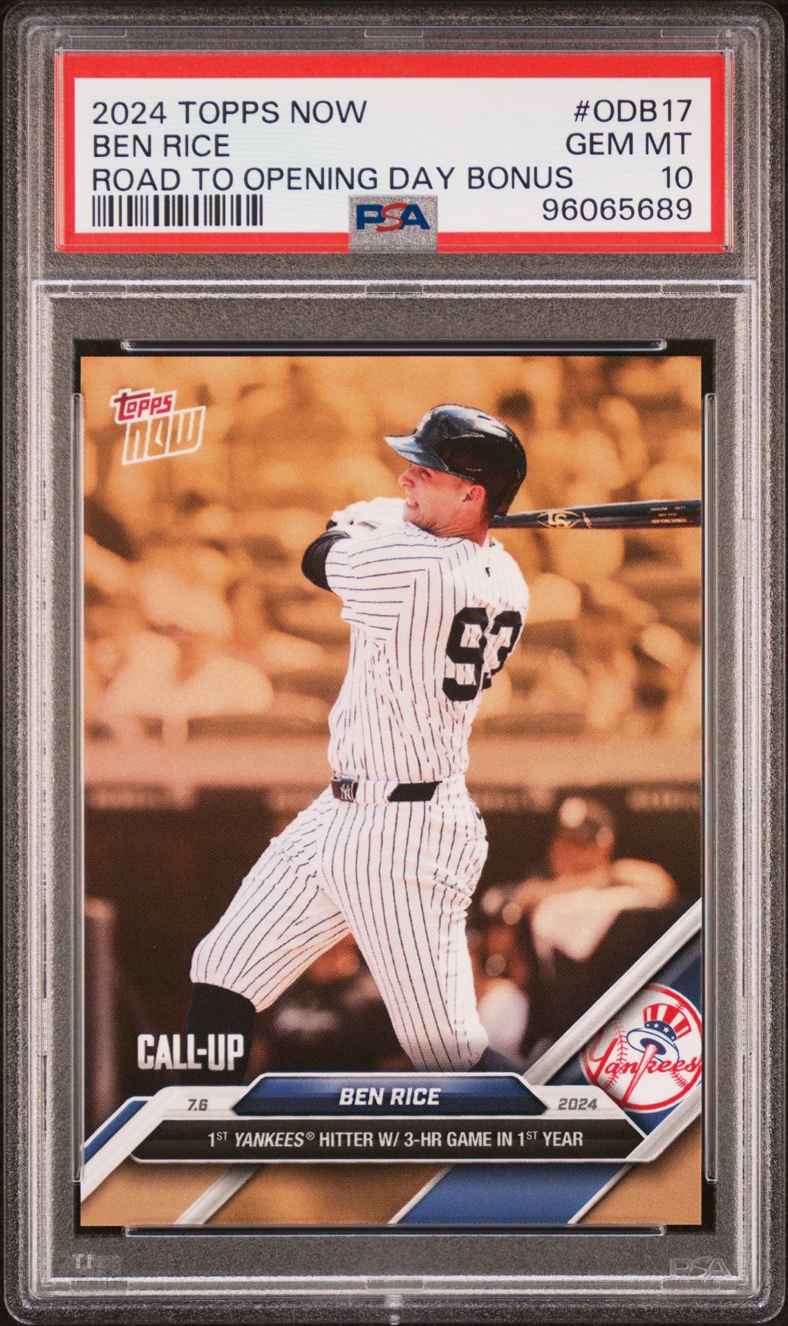 2024 Topps Now Road To Opening Day Bonus Ben Rice #Odb17 Gem Mt 10 front