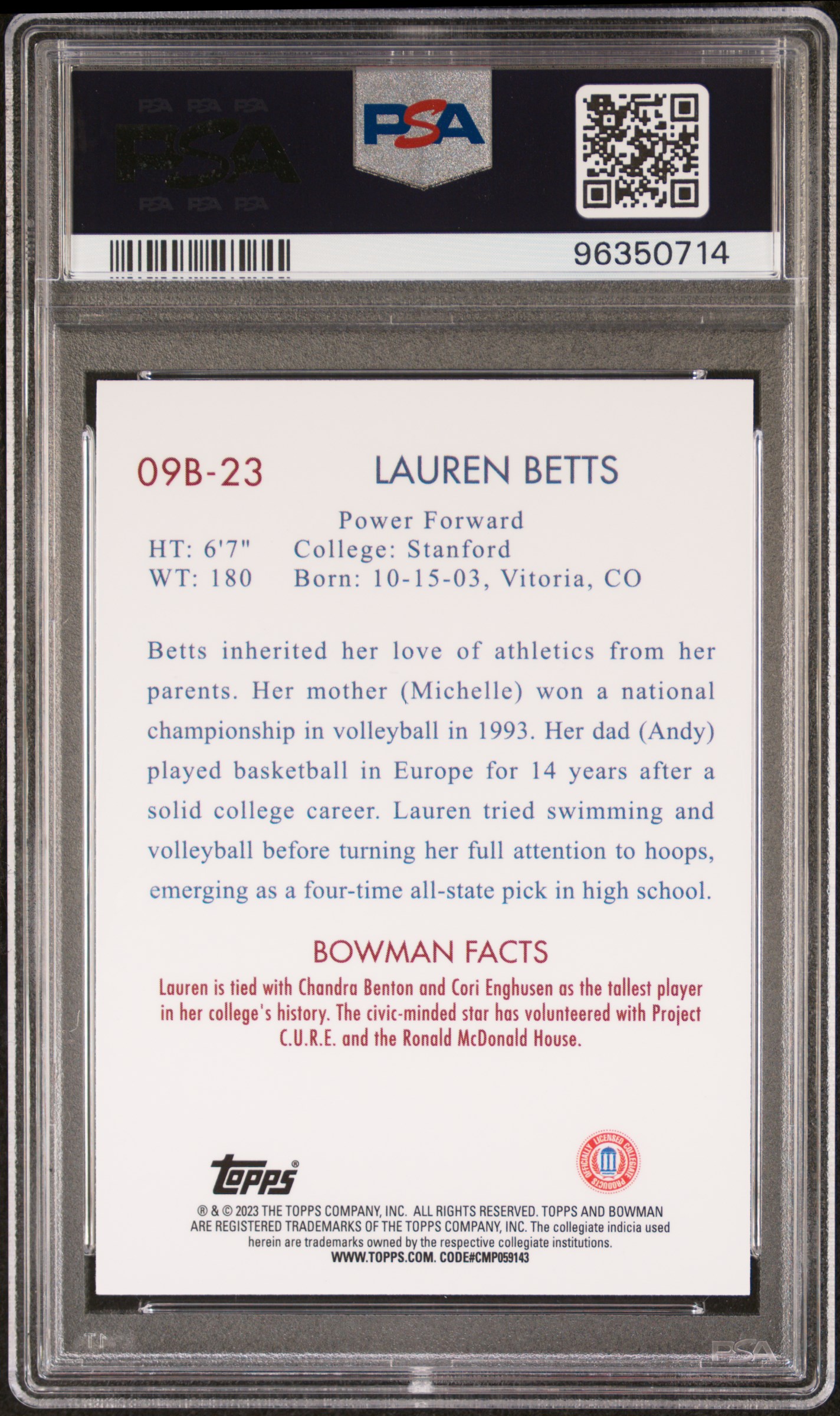 2022 Bowman Chrome University 2009 Bowman Lauren Betts #09B23 (2009 Bowman) Mint 9 back