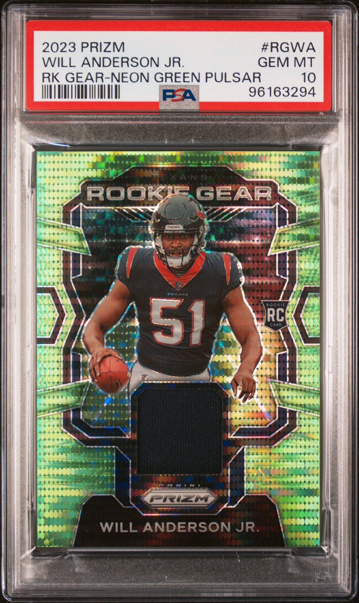 2023 Panini Prizm Rookie Gear Will Anderson Jr. #Rgwa (Rk Gear-Neon Green Pulsar) Gem Mt 10 front