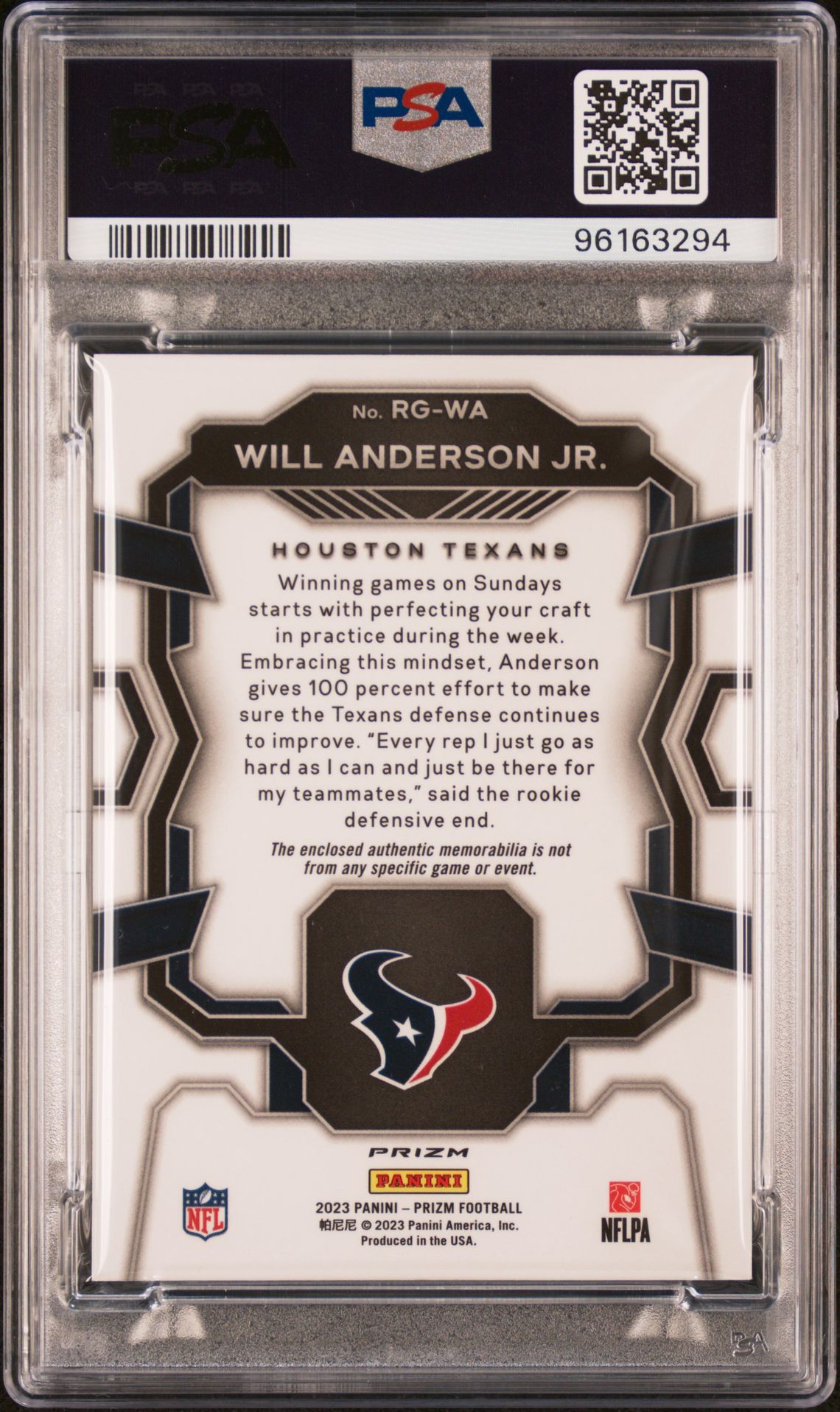 2023 Panini Prizm Rookie Gear Will Anderson Jr. #Rgwa (Rk Gear-Neon Green Pulsar) Gem Mt 10 back