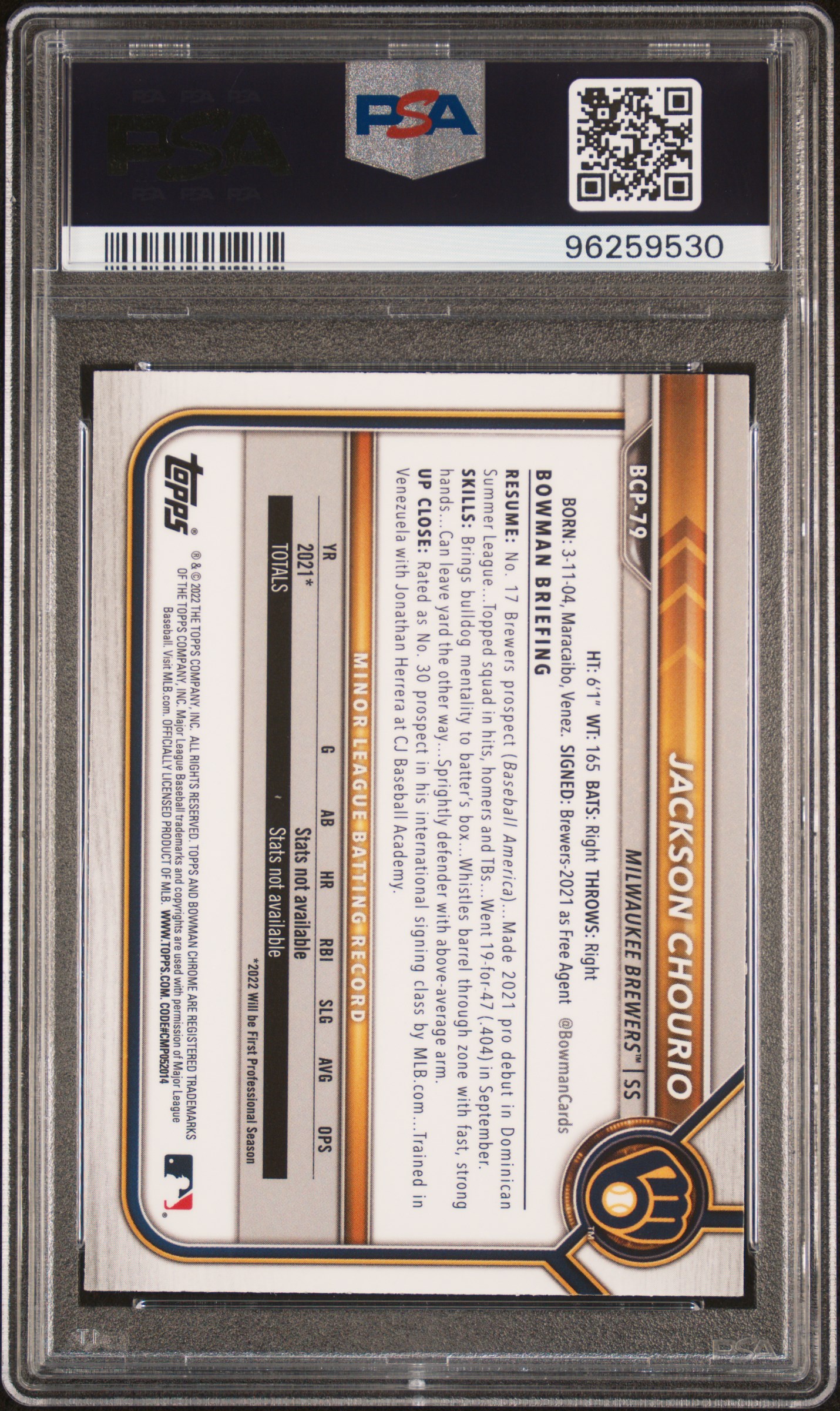 2022 Bowman Mega Box Chrome Jackson Chourio #79 (Chrome) Mint 9 back