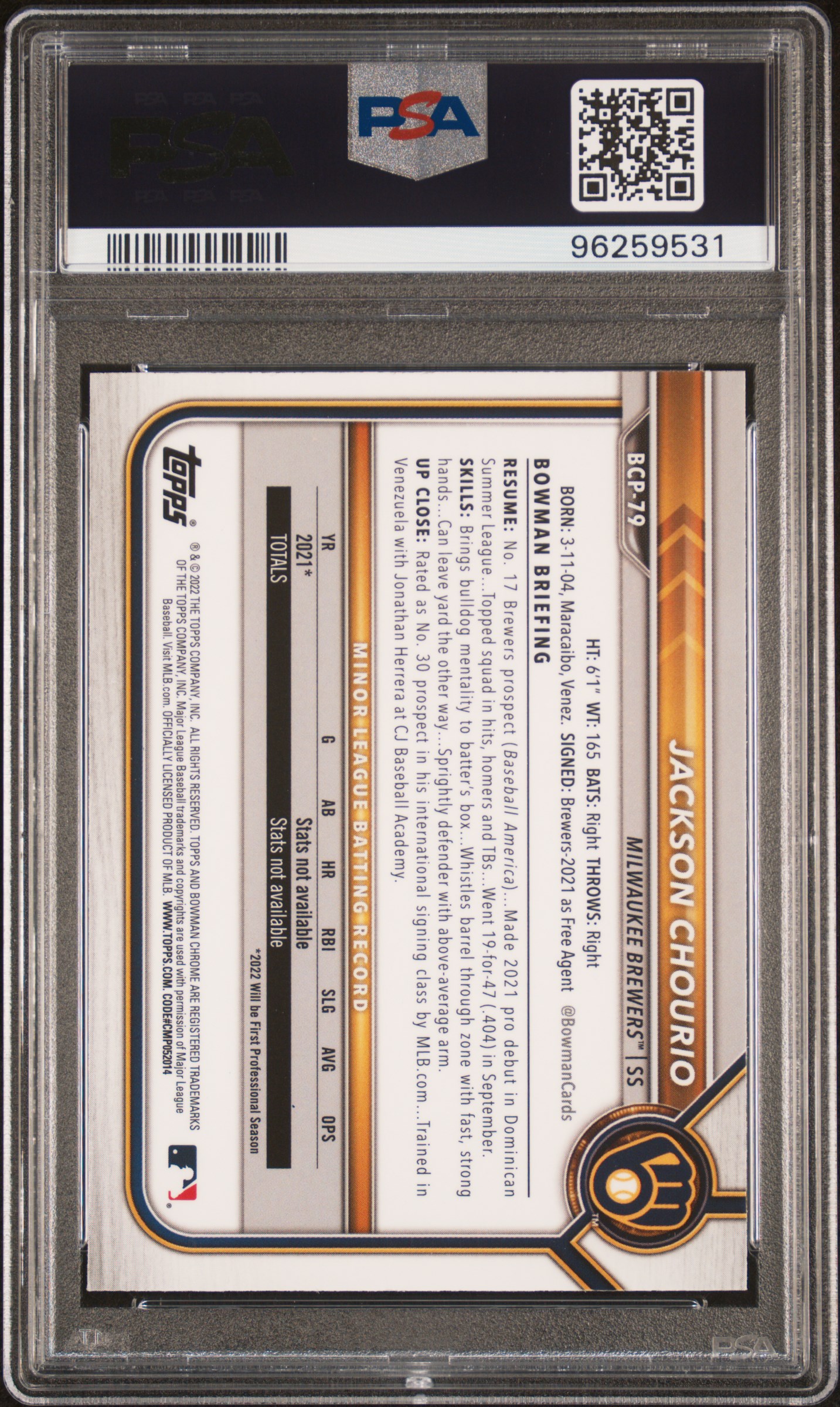 2022 Bowman Mega Box Chrome Jackson Chourio #79 (Chrome) Gem Mt 10 back