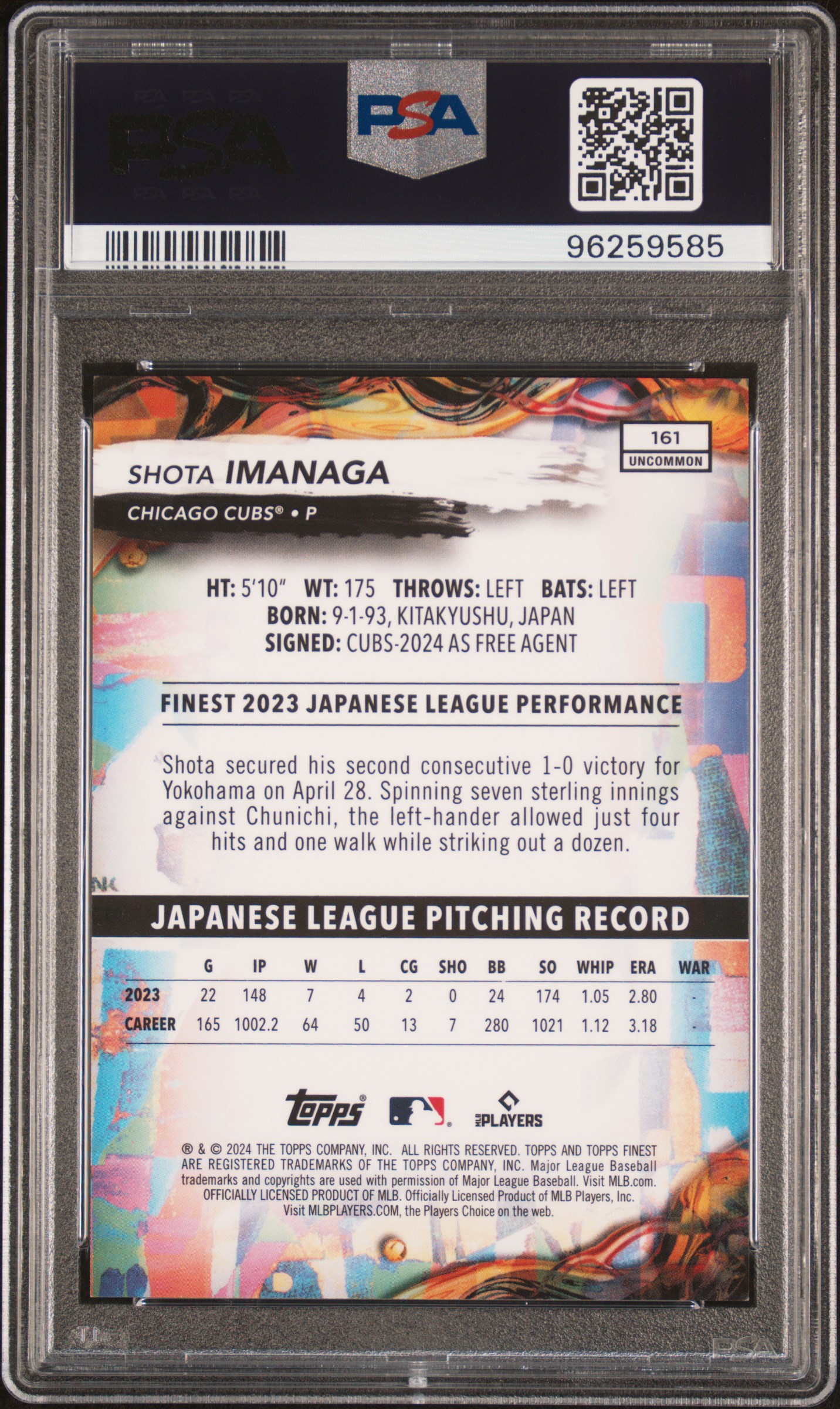 2024 Topps Finest Shota Imanaga #161 (Sky Blue Refractor) Mint 9 back